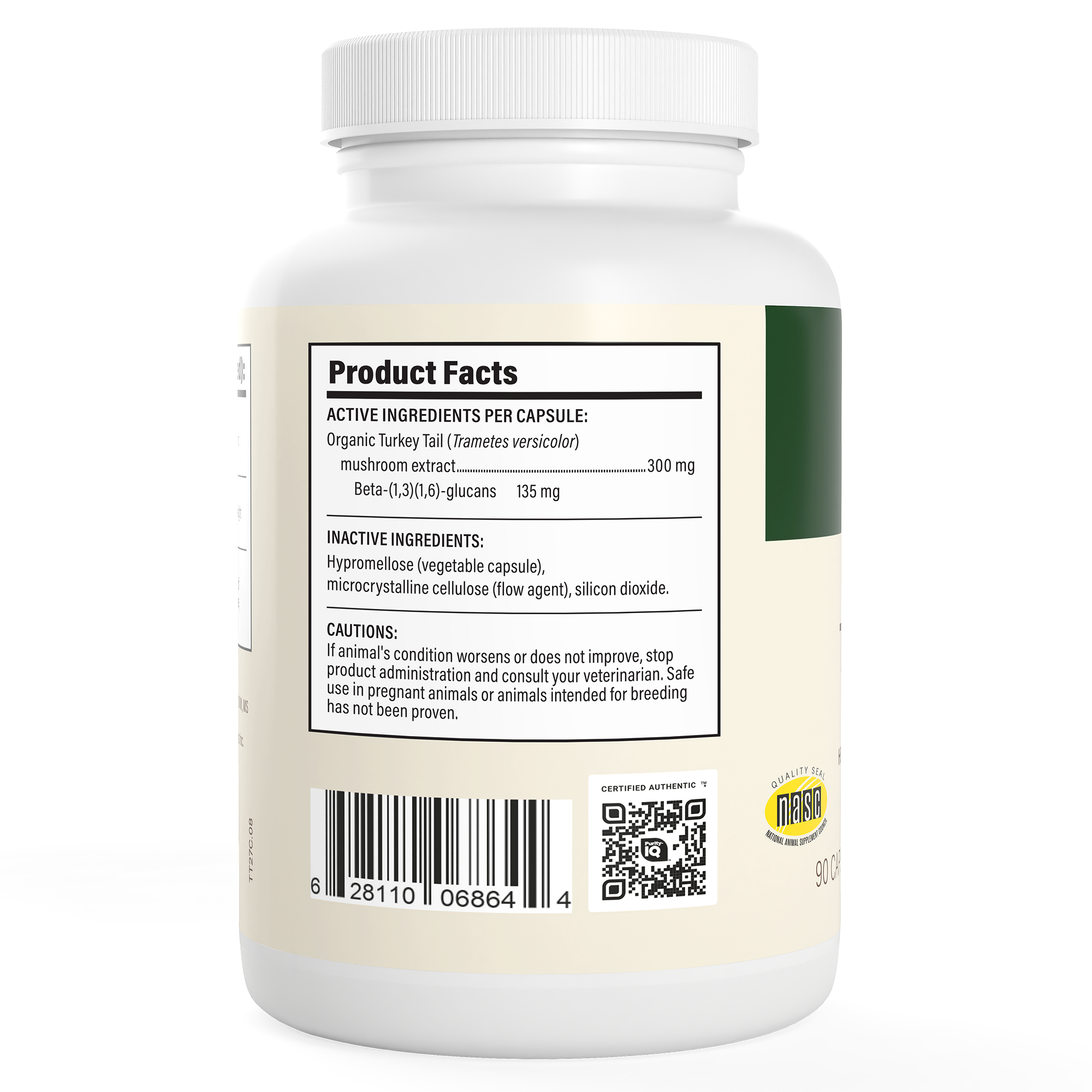 White supplement bottle of Real Mushrooms Turkey Tail Extract Capsules for Pets, showing product facts, organic active/inactive ingredients like beta-glucans from turkey tail mushroom, caution info, barcode, QR code, and NSF certification on the label.