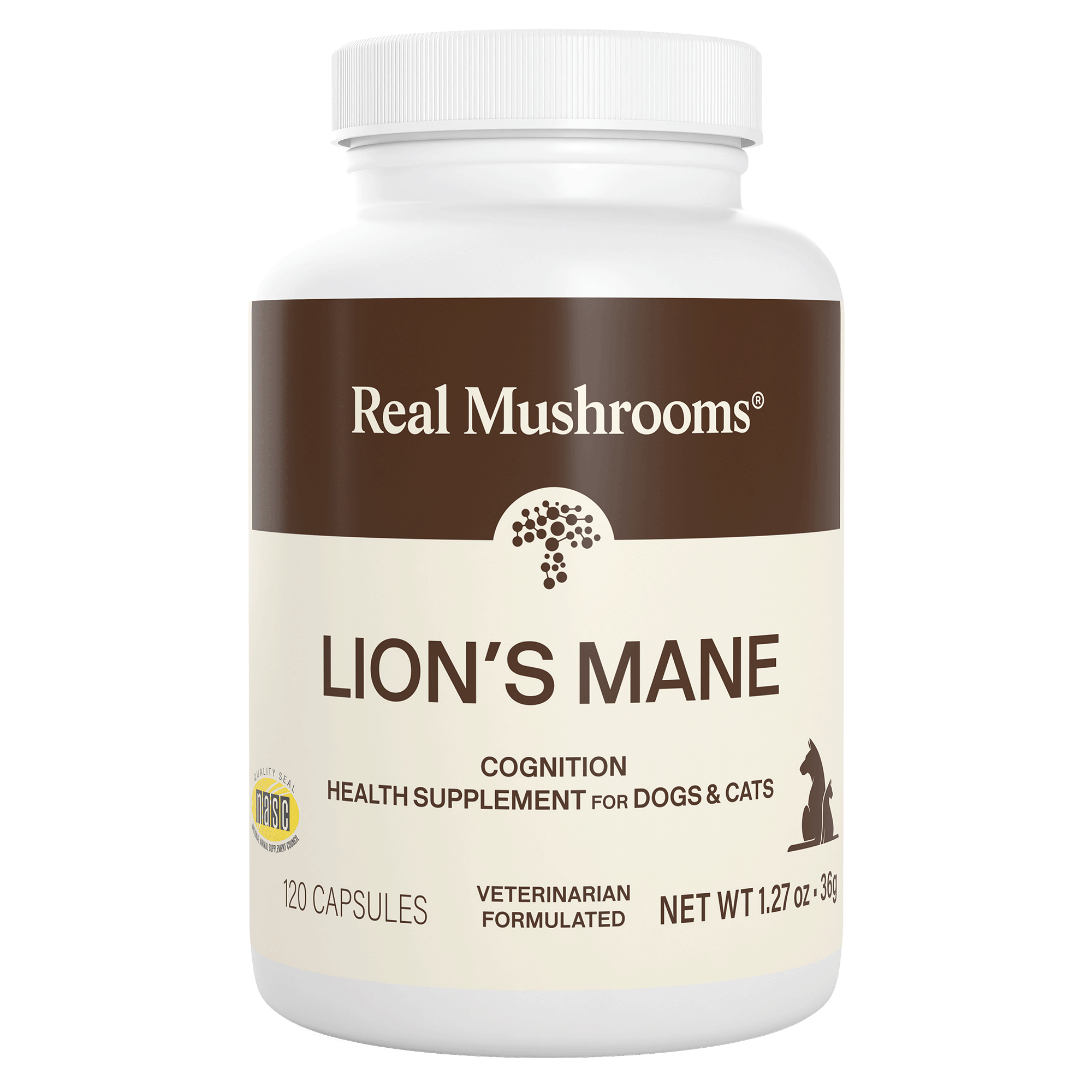 A white bottle labeled "Organic Lions Mane Extract Capsules for Pets" by Real Mushrooms, an organic supplement for dogs and cats with 120 capsules rich in beta-glucans to support cognitive health.