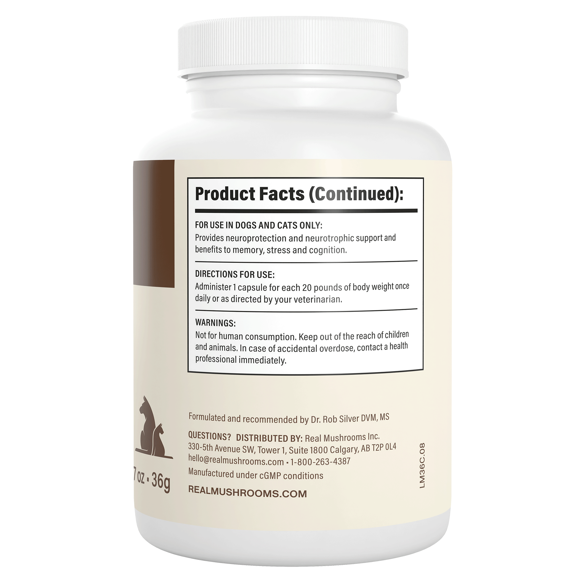 White bottle labeled with product facts, directions, warnings, and manufacturer info for Real Mushrooms Organic Lions Mane Extract Capsules for Pets. For dogs and cats only; features pet icons and highlights its organic Lion's Mane mushroom supplement.