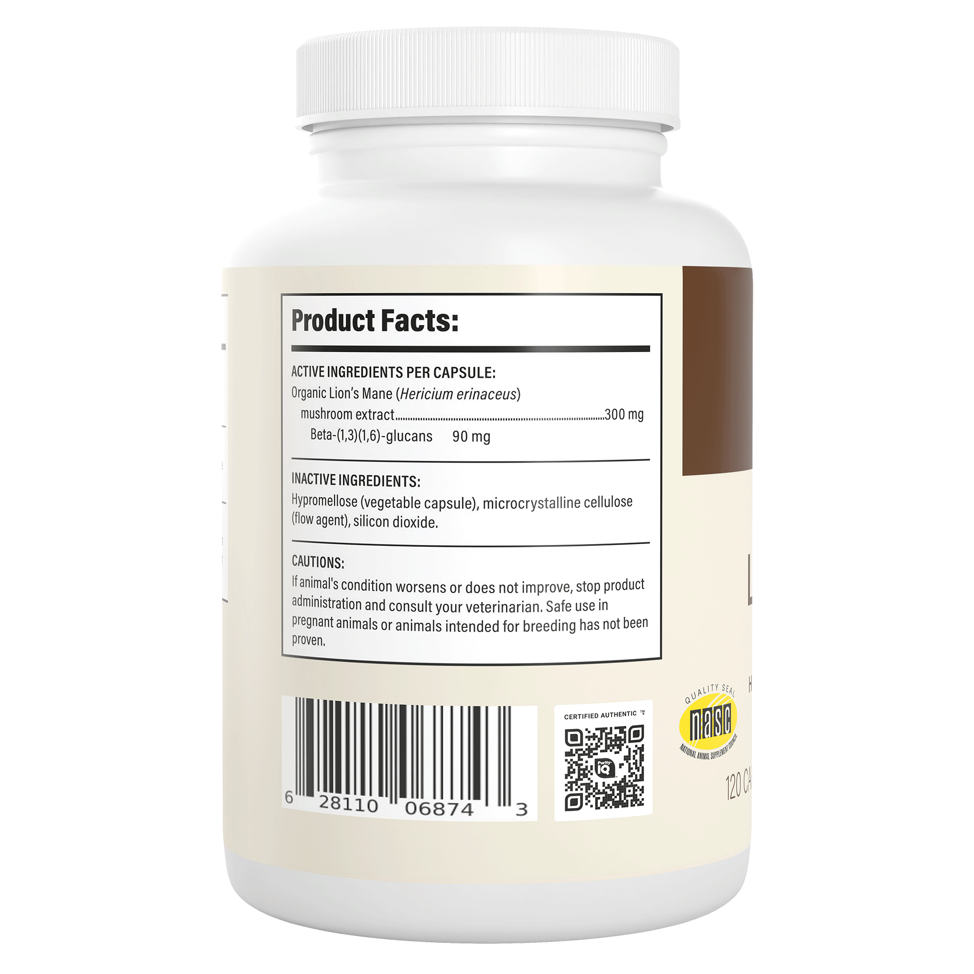 A white supplement bottle labeled “Organic Lions Mane Extract Capsules for Pets” by Real Mushrooms displays product facts, organic mushroom ingredients and beta-glucans, cautions, a barcode, QR code, and an NSF certification logo.