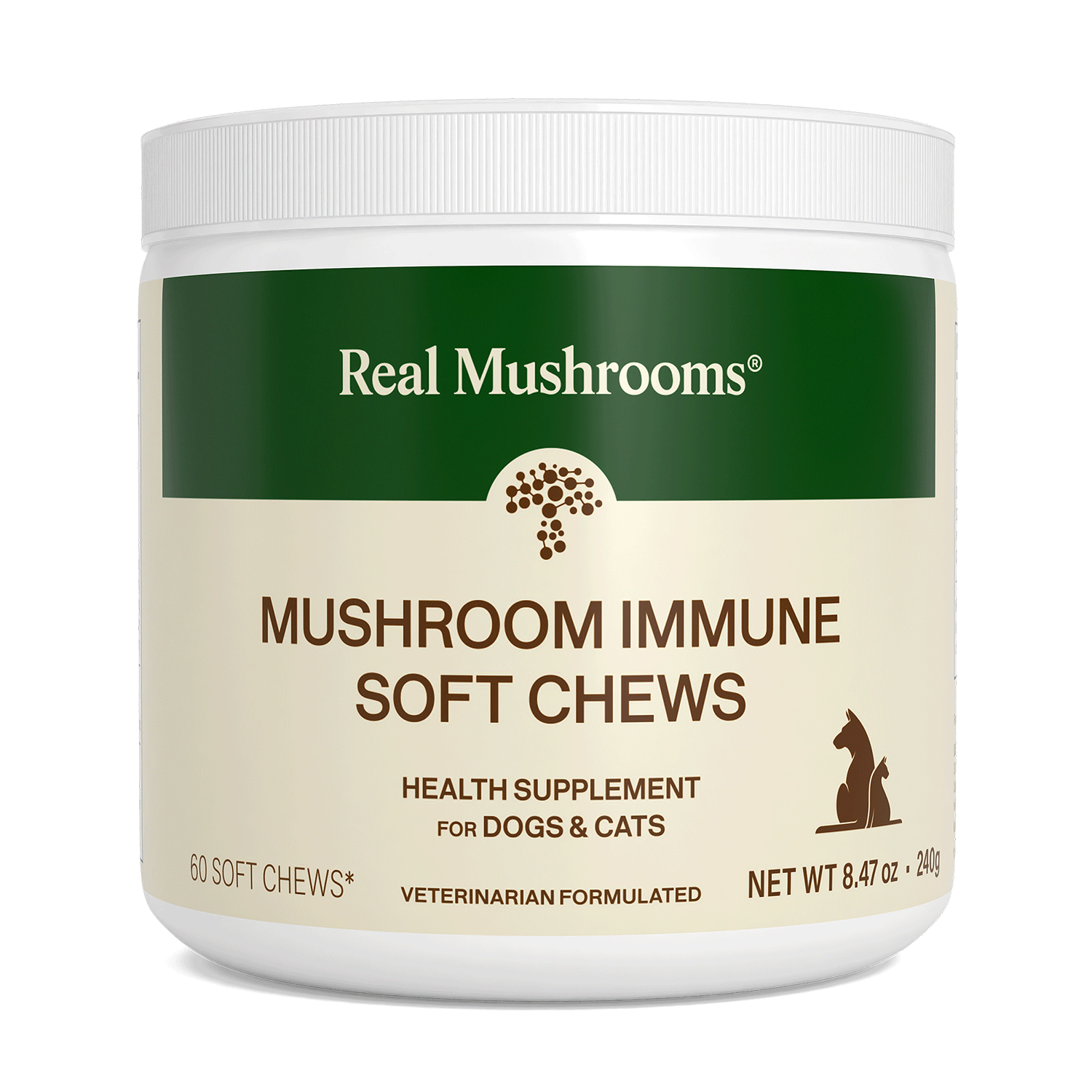 A white container labeled "Real Mushrooms Mushroom Immune Pet Chews," a grain-free health supplement for dogs and cats, contains 60 chews for immune support; net weight 8.47 oz (240g).