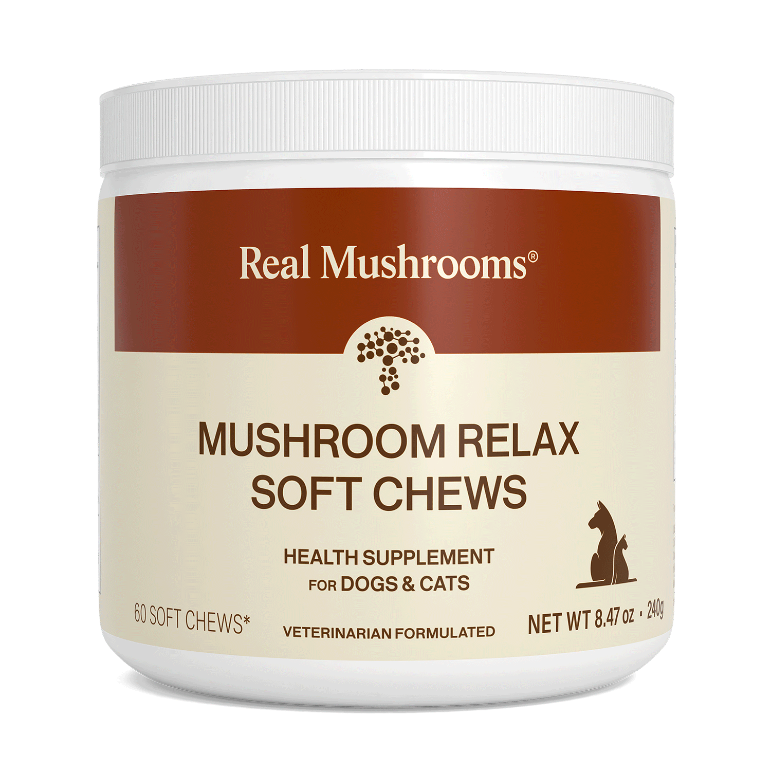A container of Real Mushrooms Mushroom Relax Pet Chews, veterinarian-formulated calming chews for pets, provides stress relief with 60 soft chews (net weight: 8.47 oz/240g).