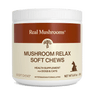 A container of Real Mushrooms Mushroom Relax Pet Chews, veterinarian-formulated calming chews for pets, provides stress relief with 60 soft chews (net weight: 8.47 oz/240g).