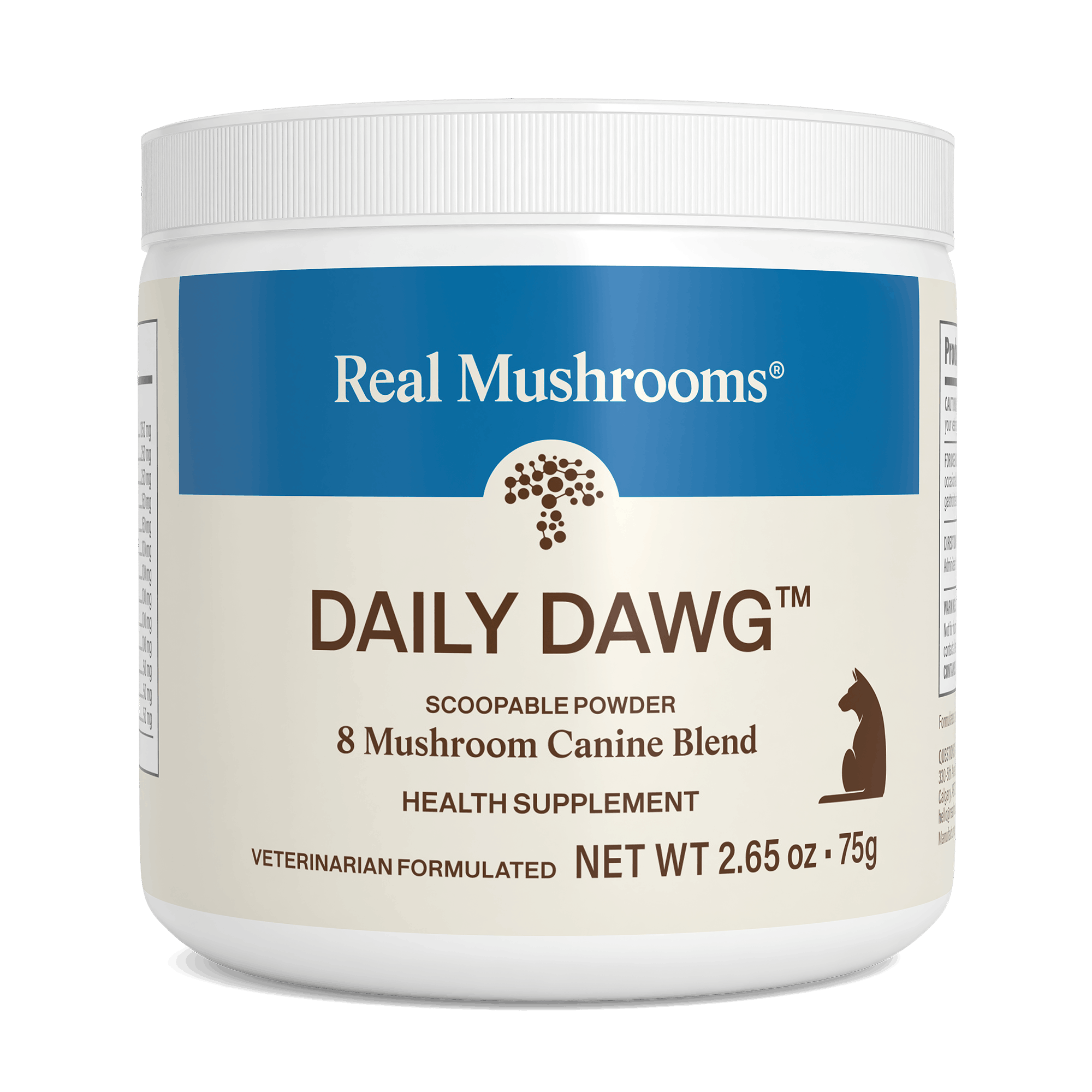 A white container of Real Mushrooms Daily Dawg™ Powder for Pets, 2.65 oz (75g), organic 8 mushroom blend for dogs, featuring a blue label with a dog silhouette.