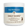 A white container of Real Mushrooms Daily Dawg™ Powder for Pets, 2.65 oz (75g), organic 8 mushroom blend for dogs, featuring a blue label with a dog silhouette.