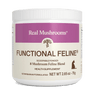 A white container of Real Mushrooms Functional Feline® Powder for Cats, 2.65 oz, with a purple and cream design offers organic mushroom immune support for cats.