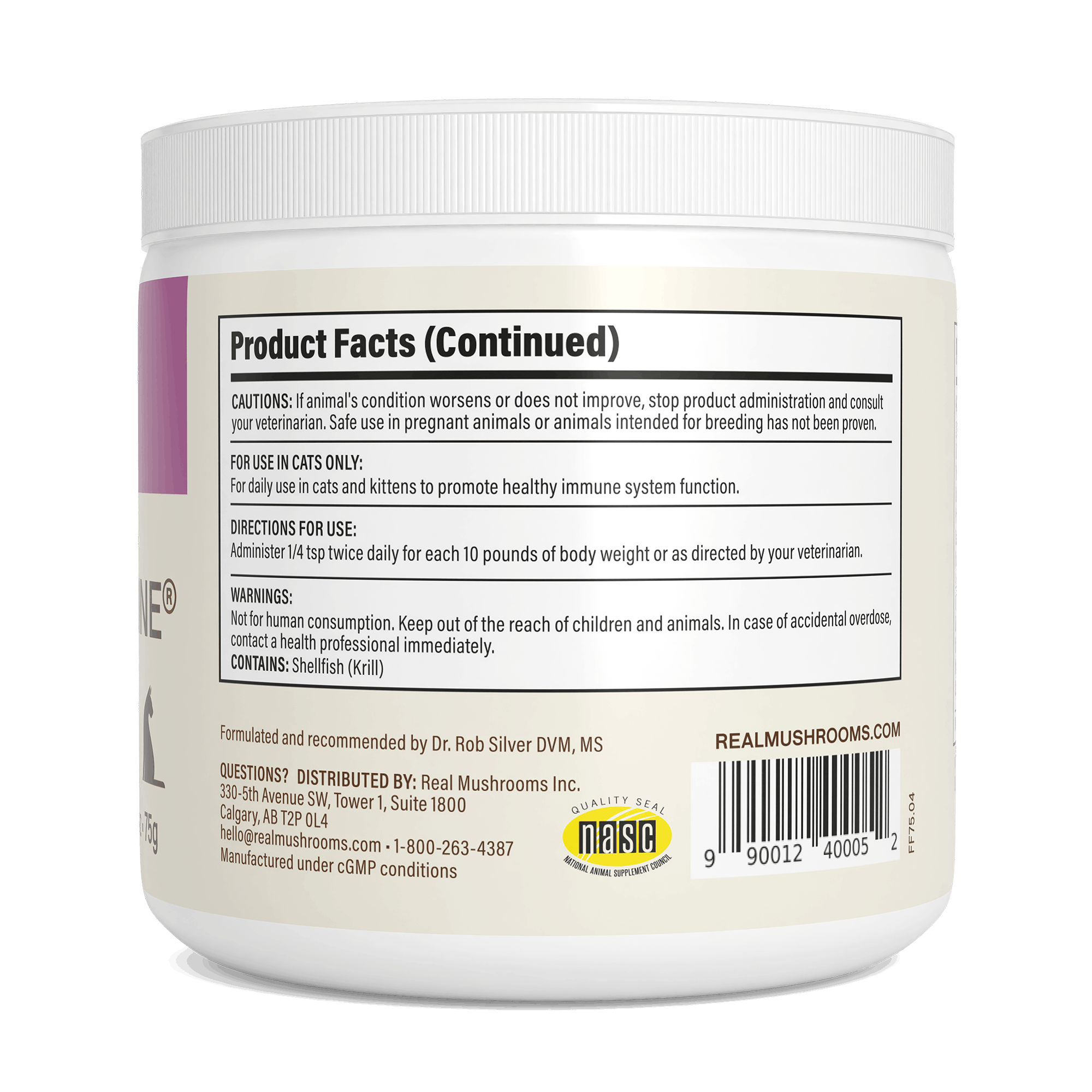 White container with label showing product facts, cautions, directions, and warnings for Functional Feline® Powder for Cats by Real Mushrooms. Includes barcode, company info, certification logos, and highlights immune support for cats.