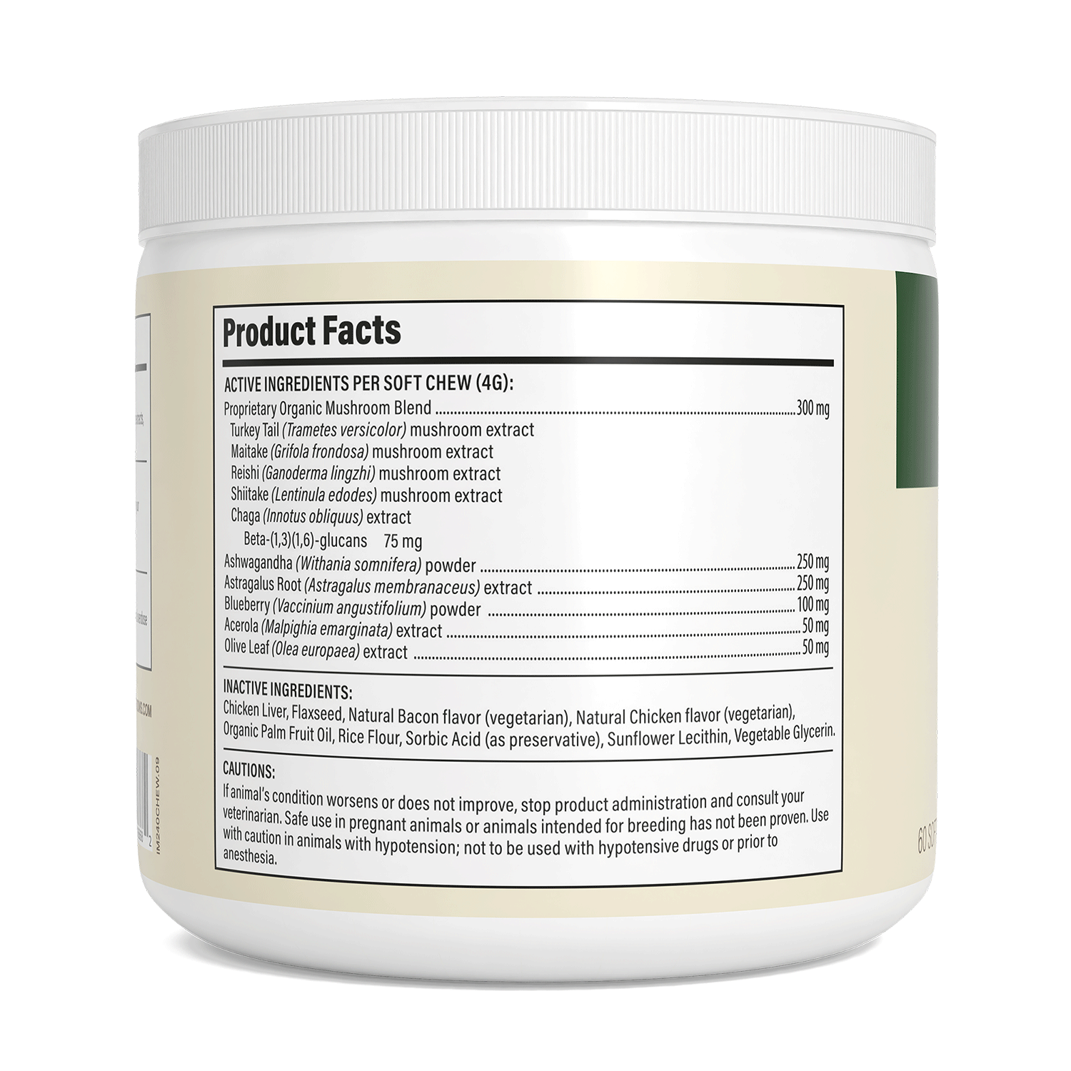White container labeled with active/inactive ingredients, directions, and cautions for Real Mushrooms' Mushroom Immune Pet Chews—grain-free supplements designed to support your pet's immune system.