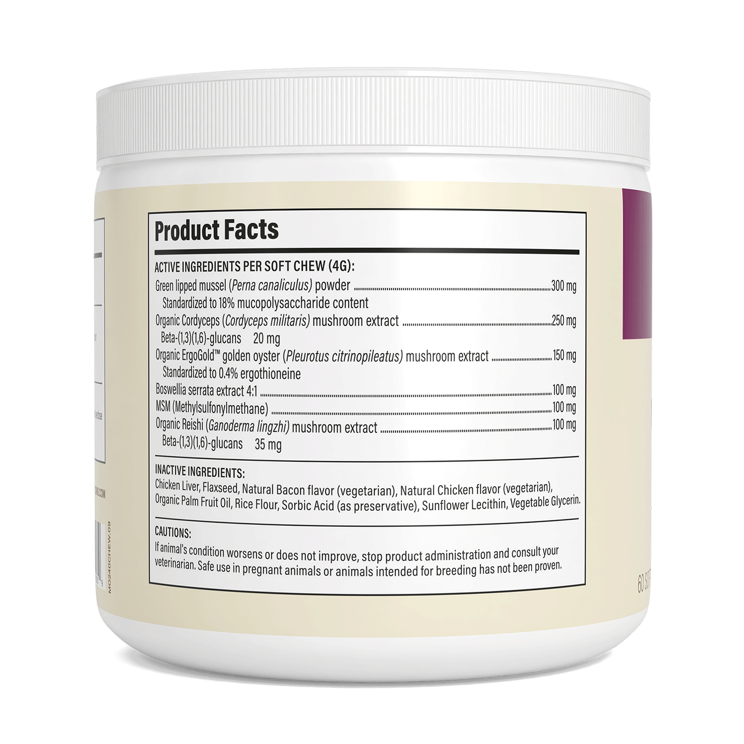 White plastic container of Real Mushrooms Mushroom Mobility Pet Chews lists active/inactive ingredients and cautions for soft chews, featuring green-lipped mussel and mushroom extracts for effective hip and joint support in pets.