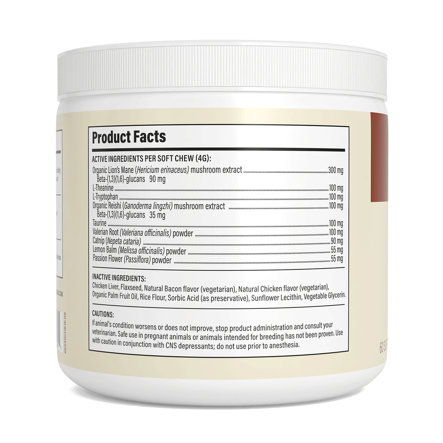 A close-up of the Real Mushrooms Mushroom Relax Pet Chews label displays product facts, such as active and inactive ingredients, serving size, and cautionary statements for calming chews for pets.