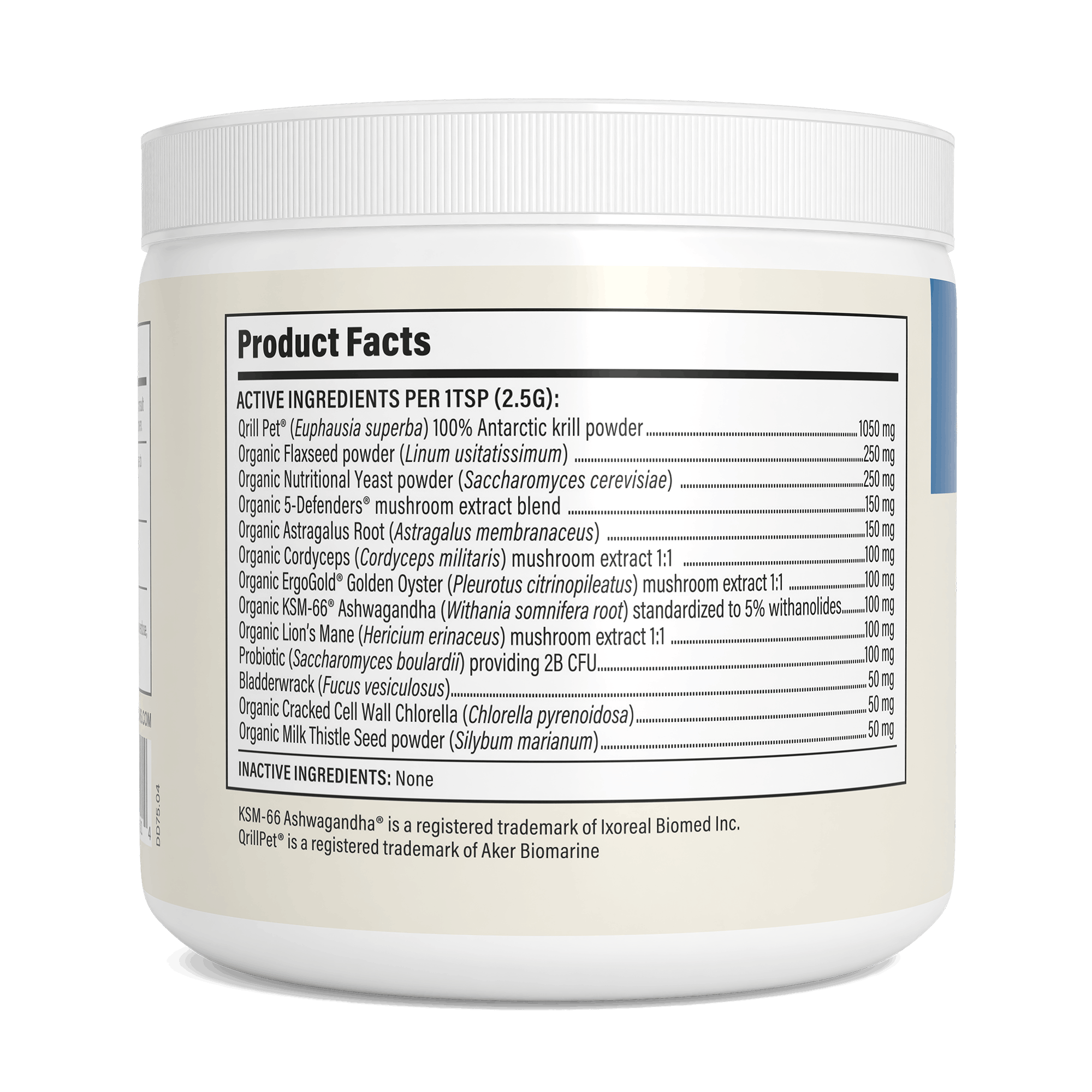 A white container with black text contains Real Mushrooms Daily Dawg™ Powder for Pets, an organic dog supplement packed with mushroom extracts.