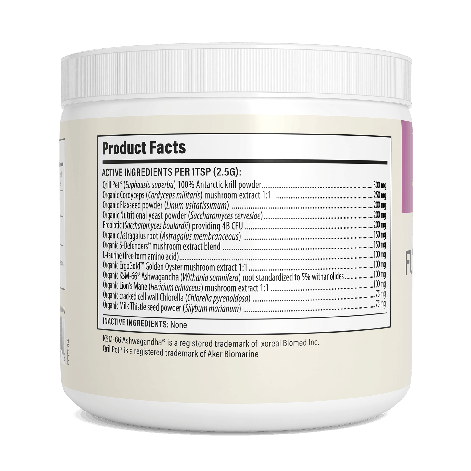 A white container with black text holds Real Mushrooms Functional Feline® Powder for Cats, a veterinary-formulated supplement designed to support feline immunity.