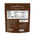 Back of a brown package labeled "Mushroom Hot Chocolate Mix" from Real Mushrooms displays nutrition facts, ingredients, directions, supplement facts, and company information in white text. Highlights include vegan-friendly ingredients like organic cacao powder and a premium blend of mushroom extracts.