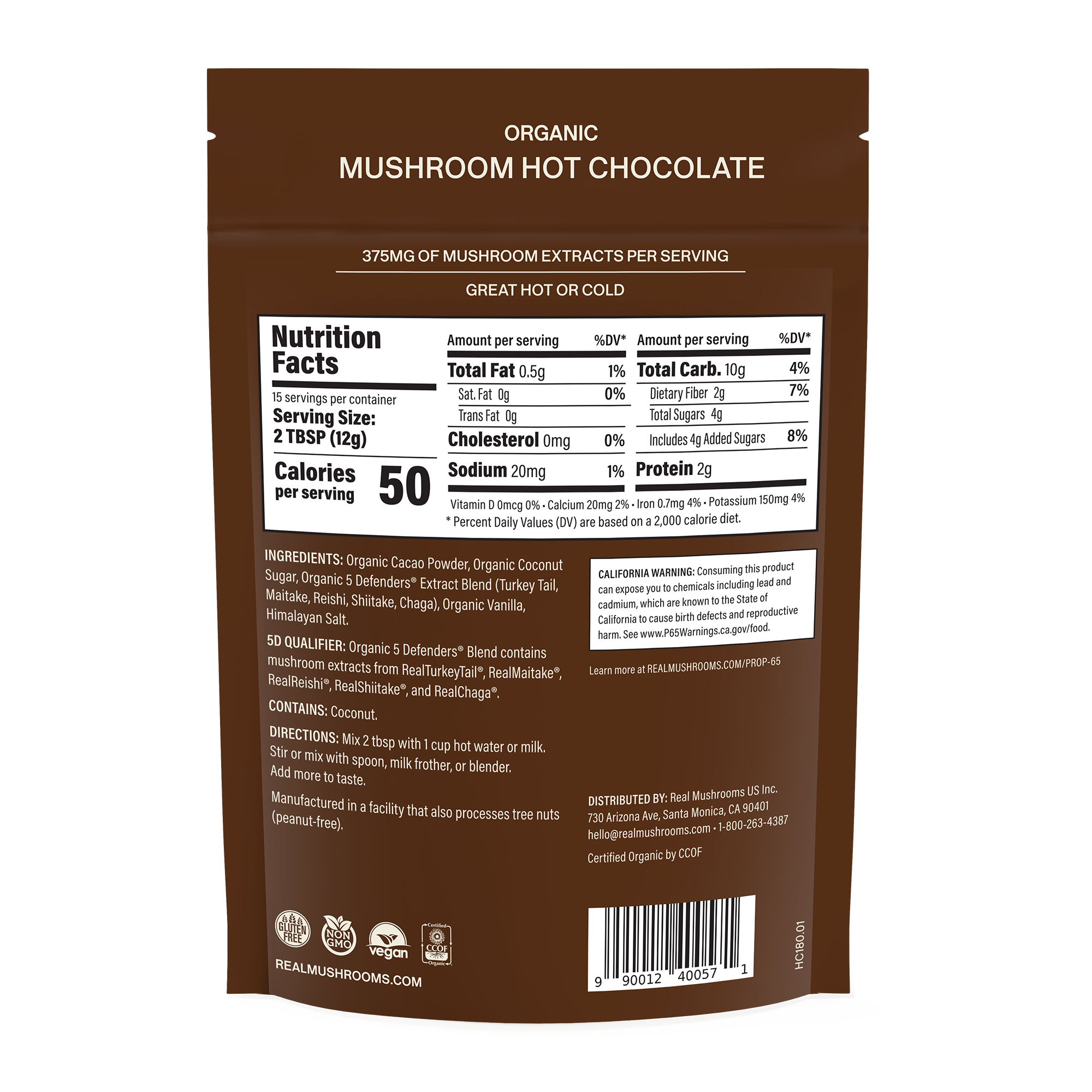 Back of a brown package labeled "Mushroom Hot Chocolate Mix" by Real Mushrooms, featuring nutrition facts, ingredients—including organic mushroom cacao and a premium mushroom extract blend—instructions, and company information. Perfect for anyone seeking a vegan hot chocolate experience.