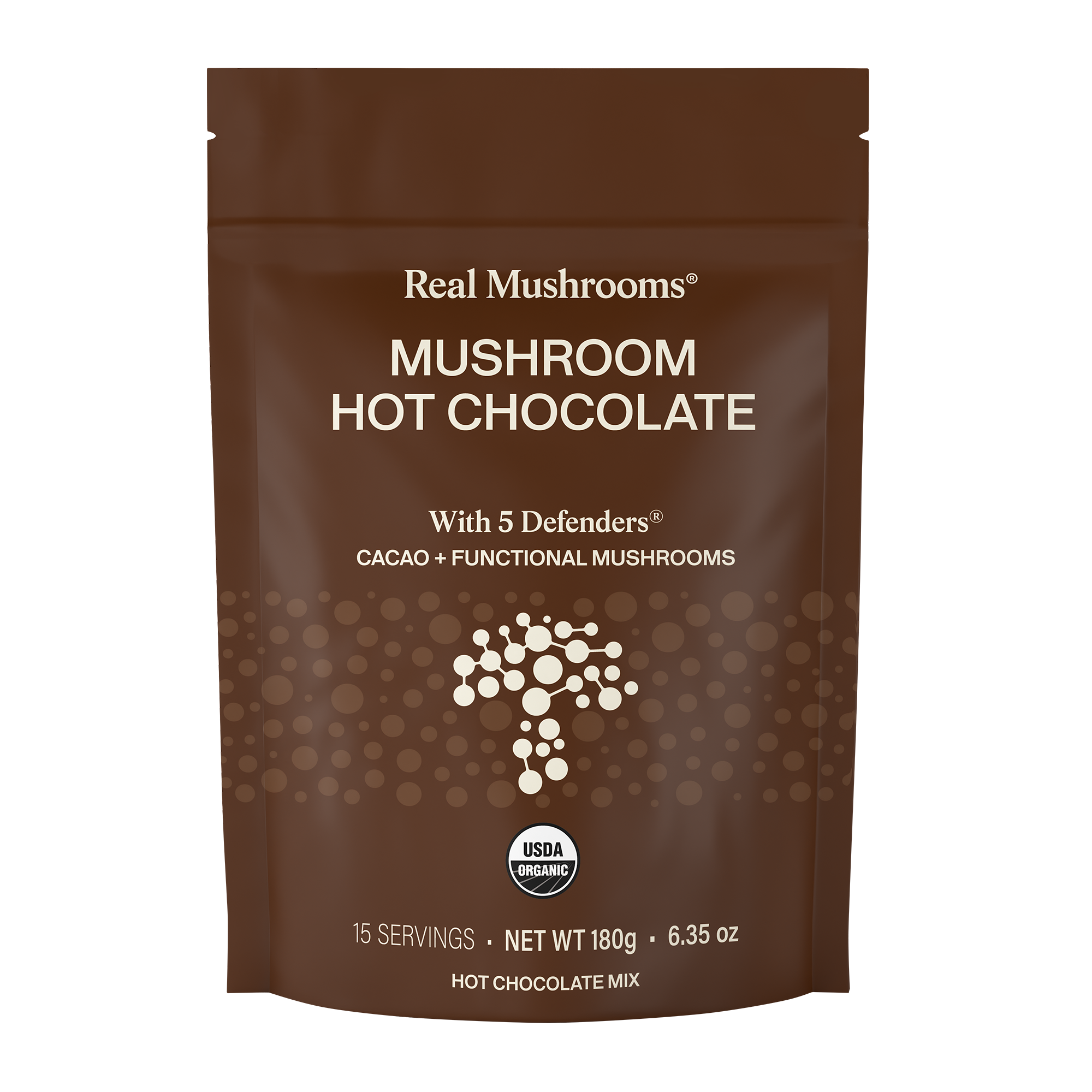 A brown pouch labeled "Mushroom Hot Chocolate Mix" by Real Mushrooms, featuring vegan, organic cacao powder, a functional mushroom extract blend, and USDA organic certification.