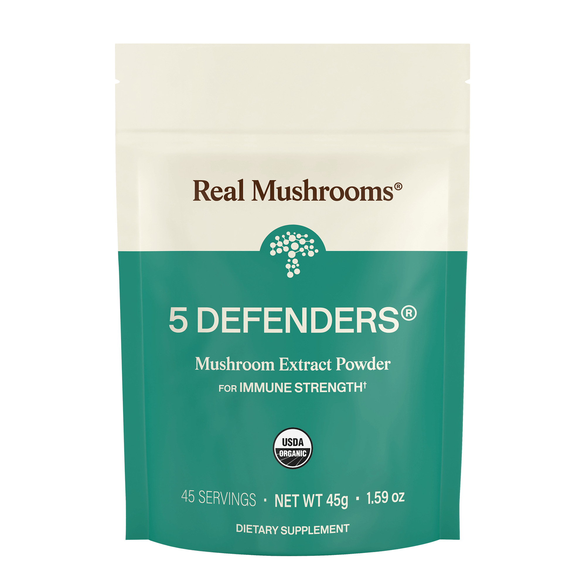 A teal and cream pouch labeled "Real Mushrooms 5 Defenders® Organic Mushroom Complex – Bulk Powder," an organic mushroom supplement (45g, 45 servings) for daily immune support. USDA Organic dietary supplement for wellness.