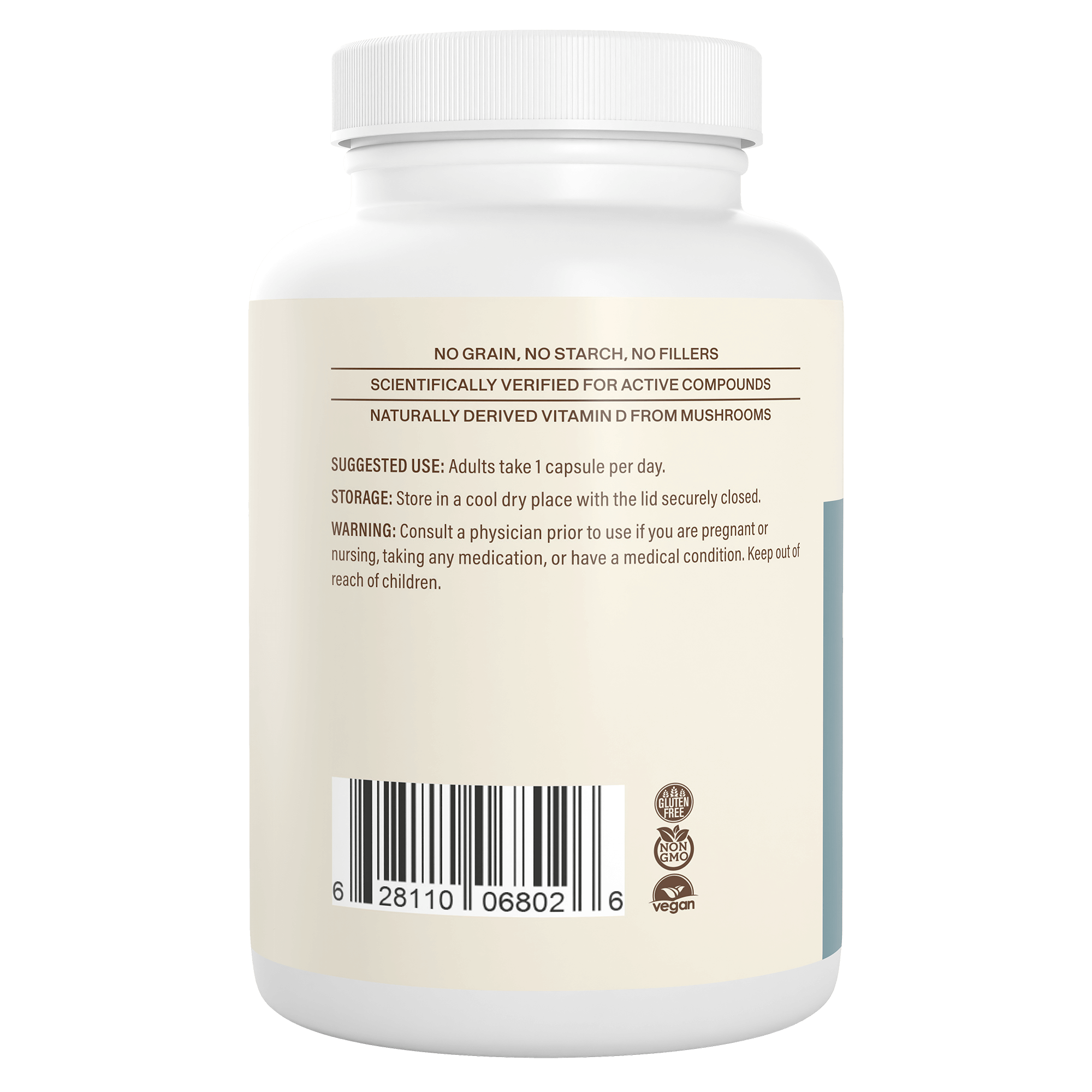 White bottle labeled with suggested use, storage, warning, allergen info, barcode, and vegan and recyclable icons for Real Mushrooms’ Vitamin D from Organic Mushrooms supplement.