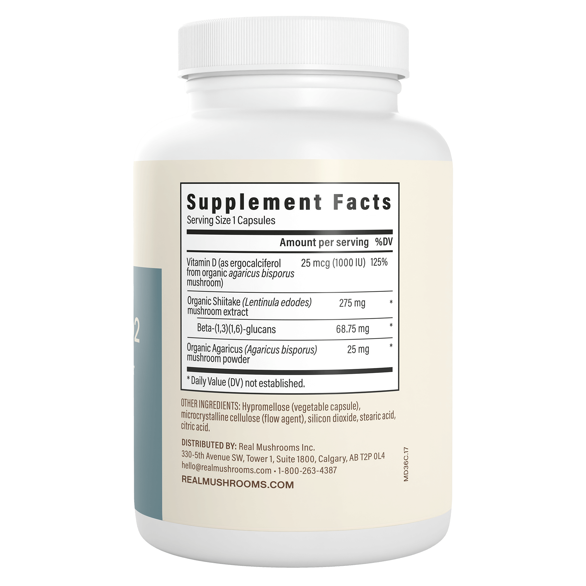 Real Mushrooms Vitamin D from Organic Mushrooms features a white bottle with Supplement Facts on the label, highlighting mushroom-based vitamin D2 from organic shiitake mushroom extract as key ingredients.