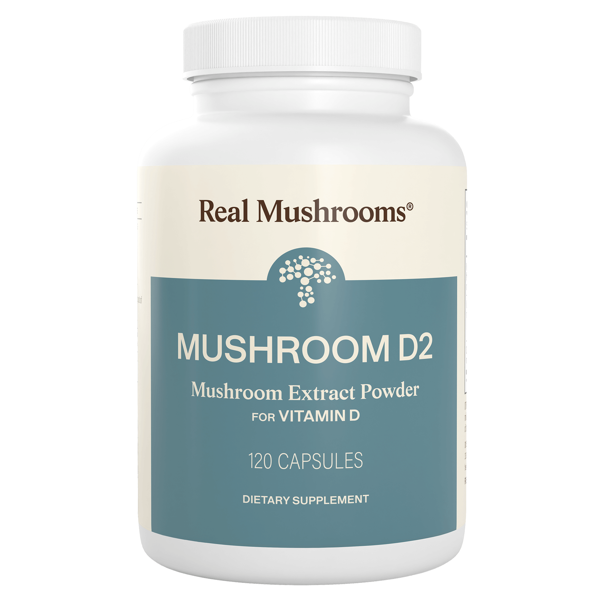 A white bottle labeled "Real Mushrooms Vitamin D from Organic Mushrooms, 120 capsules, dietary supplement.