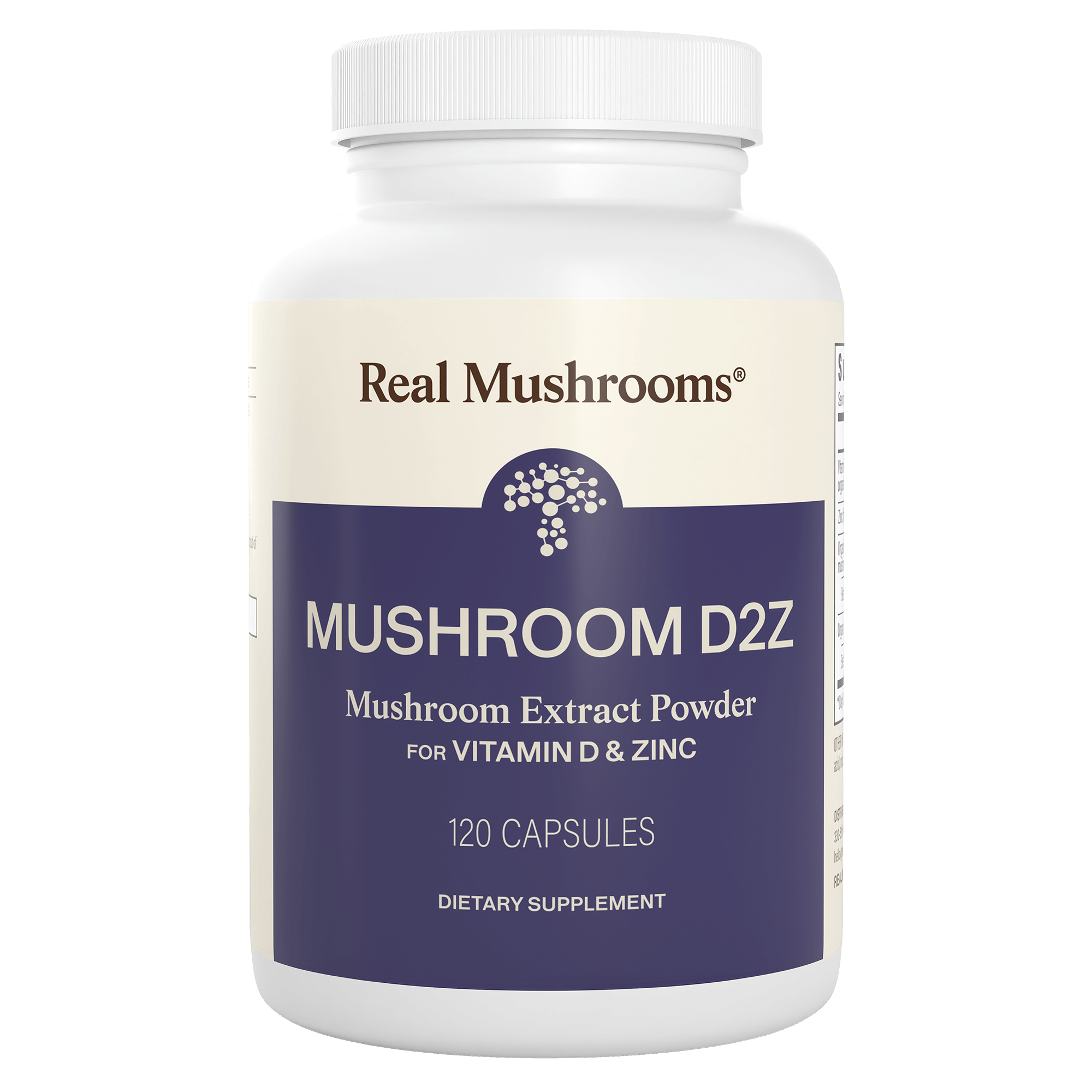 A white bottle labeled "Mushroom D2Z" by Real Mushrooms, containing 120 capsules with functional mushroom extract, vitamin D, and zinc for immune support.