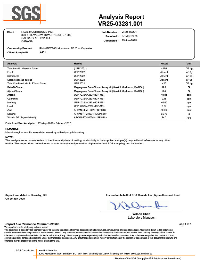 Analysis report displaying lab test results for Real Mushrooms Inc. on Mushroom D2 Zinc Capsules, listing nutrients, heavy metals, mycotoxins, and other analysis data, dated May 27, 2025.