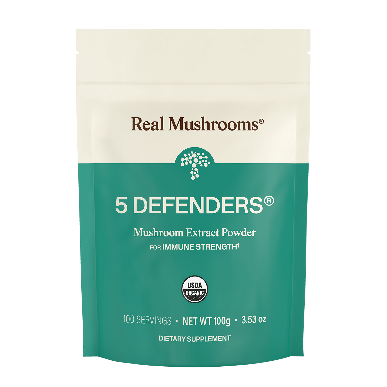 A sealed 100g package labeled "5 Defenders® Organic Mushroom Complex – Bulk Powder" by Real Mushrooms, USDA Organic, contains 100 servings of potent mushroom extract to support immune health.