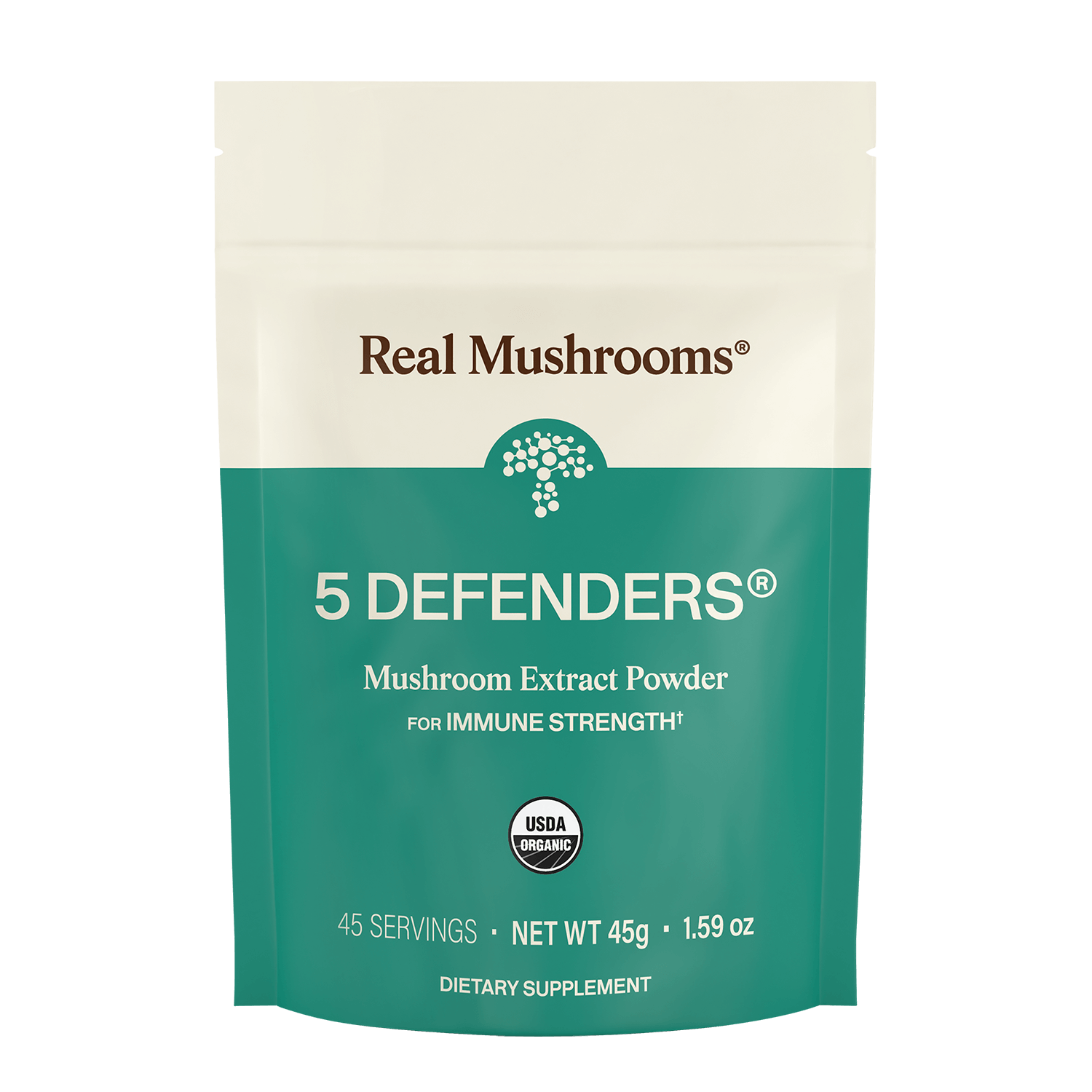 A teal and white "Real Mushrooms" package displays 5 Defenders® Organic Mushroom Complex – Bulk Powder, a 45g dietary supplement rich in beta-glucans for immune support.
