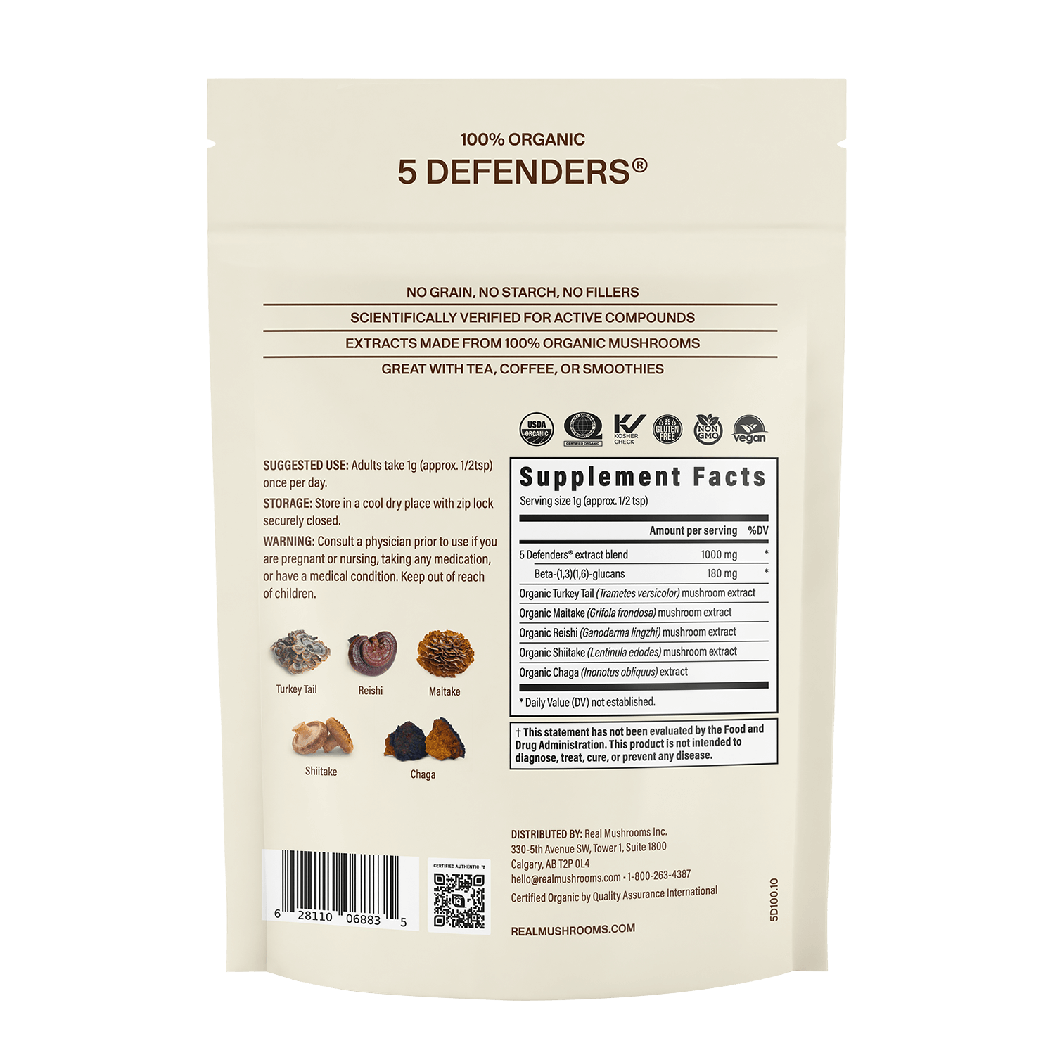 Back of a Real Mushrooms 5 Defenders® Organic Mushroom Complex – Bulk Powder package with supplement facts, suggested use, ingredient images, and immune support claims in black text on a beige background.