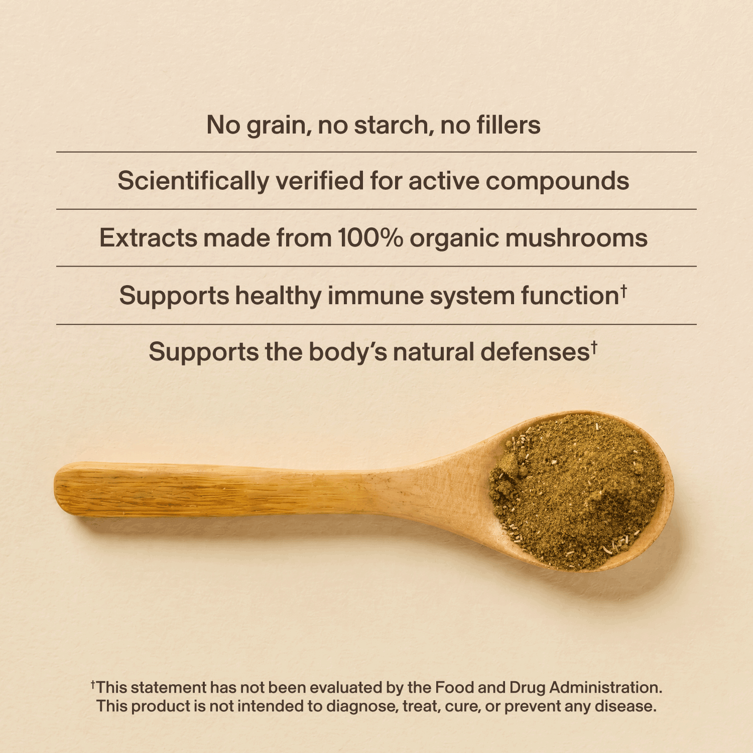 A wooden spoon with mushroom powder rests on a beige surface beside text showcasing the health benefits of Real Mushrooms’ Pet Defenders with Qrill™Pet, an organic supplement for immune support in pets.