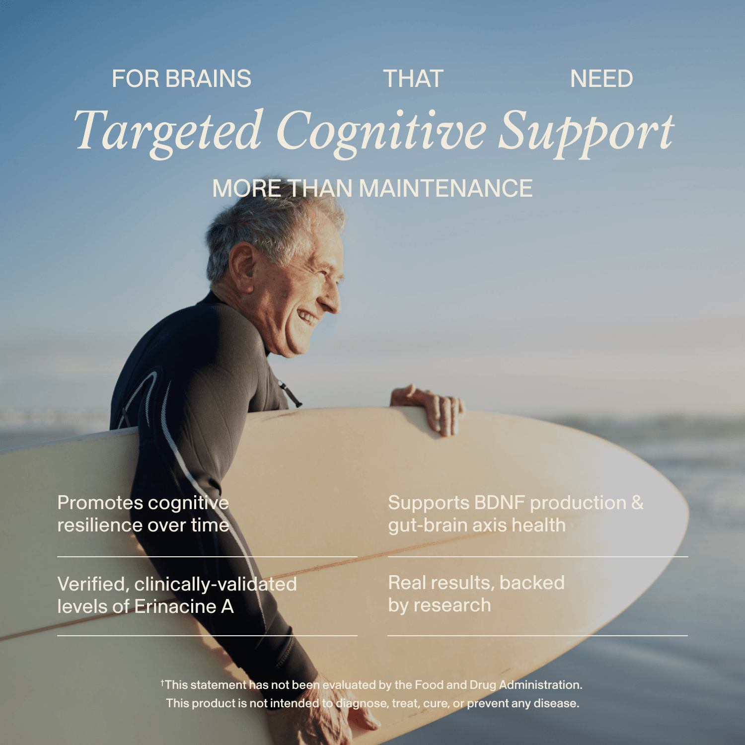 A smiling older man holds a surfboard on the beach. Text highlights the benefits of Real Mushrooms’ Clarity & Vitality Bundle for targeted cognitive support, enhanced mental function, and natural energy—backed by research.