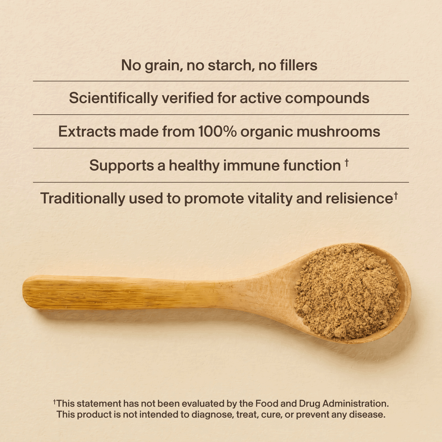 A wooden spoon with brown Turkey Tail with Qrill™Pet powder by Real Mushrooms rests on a cream background, with text noting immune support benefits for pets and an FDA evaluation disclaimer.
