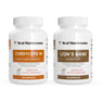 Two white bottles of Real Mushrooms Energy Duo supplements, with 120 capsules each of Cordyceps-M and Lion’s Mane extracts, designed to support peak performance and cognitive function.