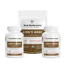 Two bottles and one pouch of the Habit Builder Starter Bundle by Real Mushrooms, featuring organic mushroom extract capsules (120 count) and powder for focus and clarity, displayed against a white background.