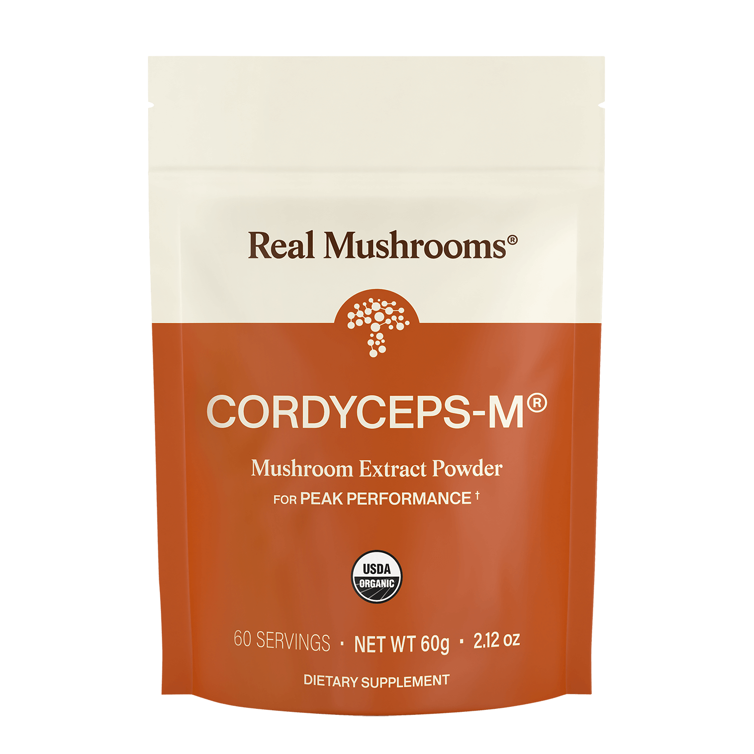 A 60g (2.12 oz) pouch of Real Mushrooms Organic Cordyceps-M® Mushroom Extract Powder – Bulk Supplement, labeled as an energy supplement with 60 servings for peak performance dietary support.
