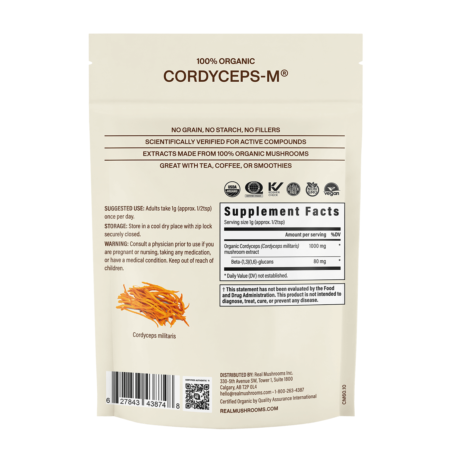 Back of a Real Mushrooms Organic Cordyceps-M® Mushroom Extract Powder – Bulk Supplement pouch with usage instructions, supplement facts, and product details shown on a beige background.