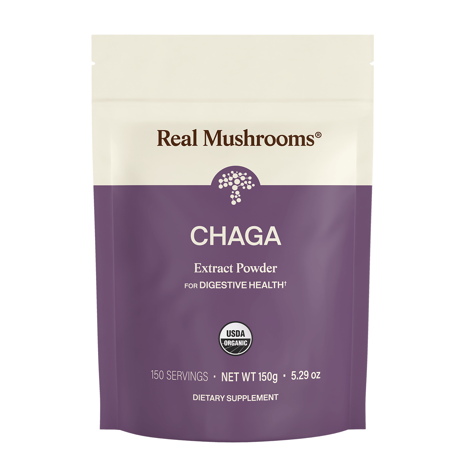 Real Mushrooms Organic Chaga Extract Powder, USDA organic dietary supplement, supports digestive health and immunity; 150 servings per 150g (5.29 oz) bag.
