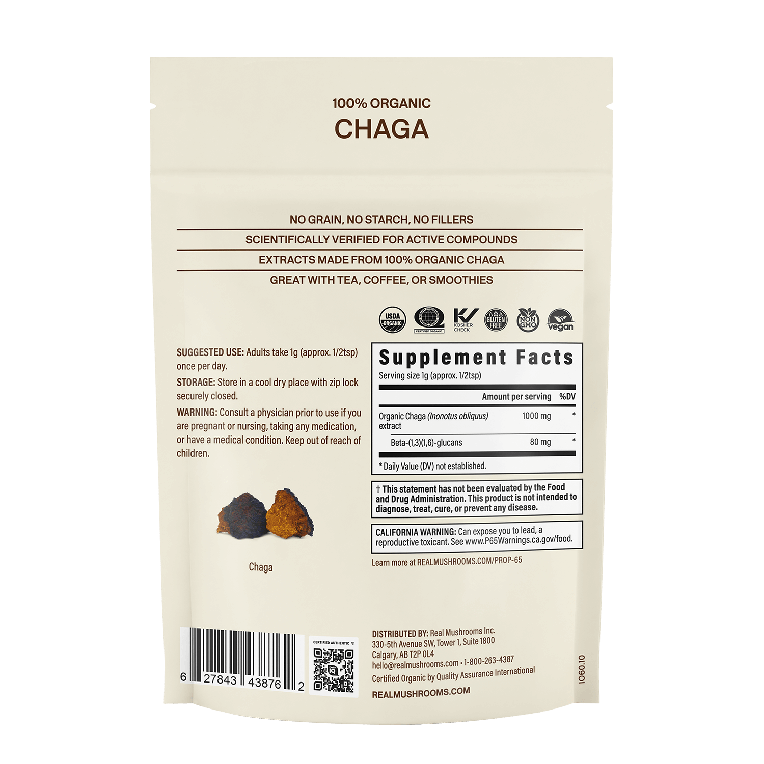 Back of a Real Mushrooms "Organic Chaga Extract Powder" package displays supplement facts, suggested use, product info, a barcode, and two chaga pieces famed for organic immune support benefits.