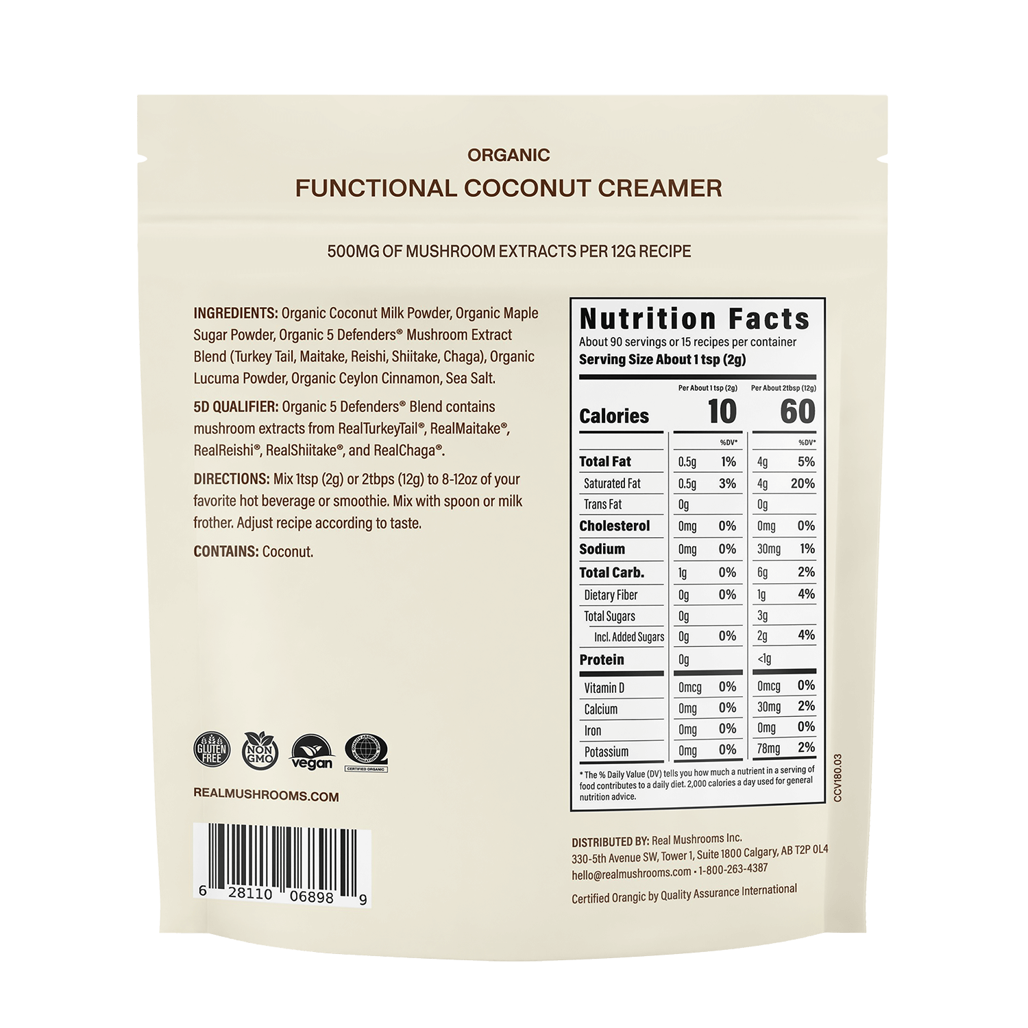 Back of a beige package for Real Mushrooms Functional Coconut Creamer - Powder with black text listing ingredients, nutrition facts, mushroom extract info, mixing instructions, and product details.