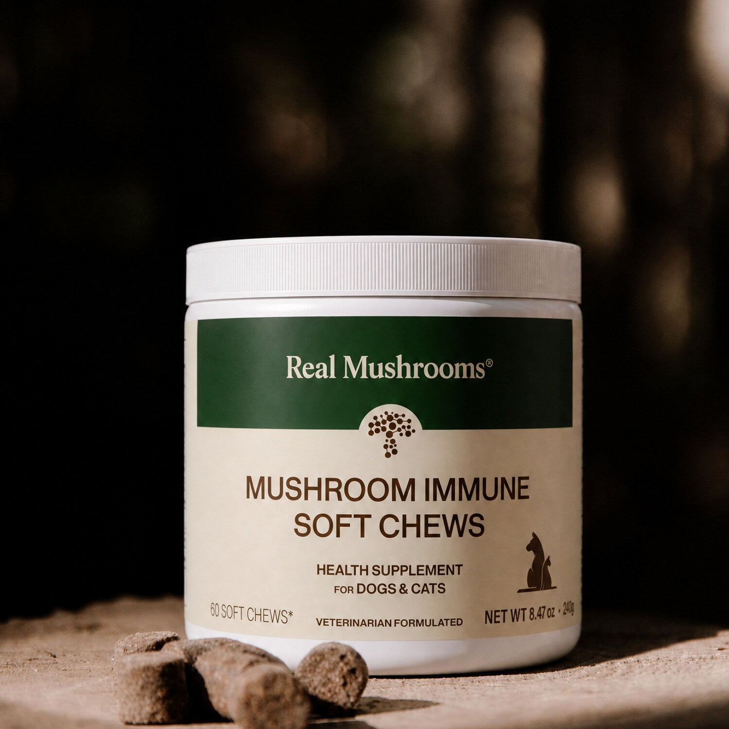 A container of Real Mushrooms Mushroom Immune Pet Chews, an adaptogenic herbal supplement for dogs and cats, with several immune support chews displayed in front of the container.