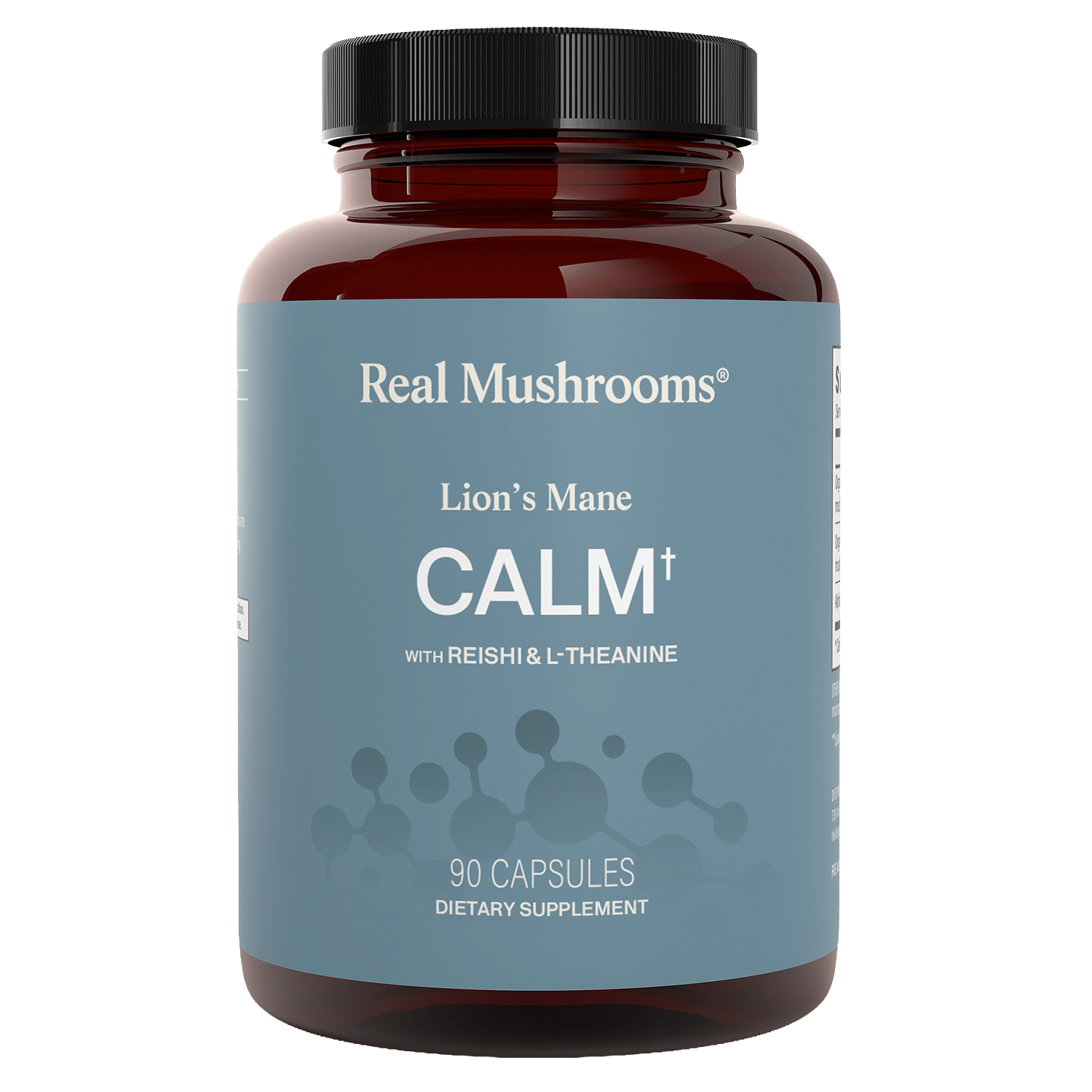 A bottle of Real Mushrooms Lion's Mane Calm contains 90 capsules with Lion's Mane, Reishi, and L-theanine for calm clarity and balanced wellness.