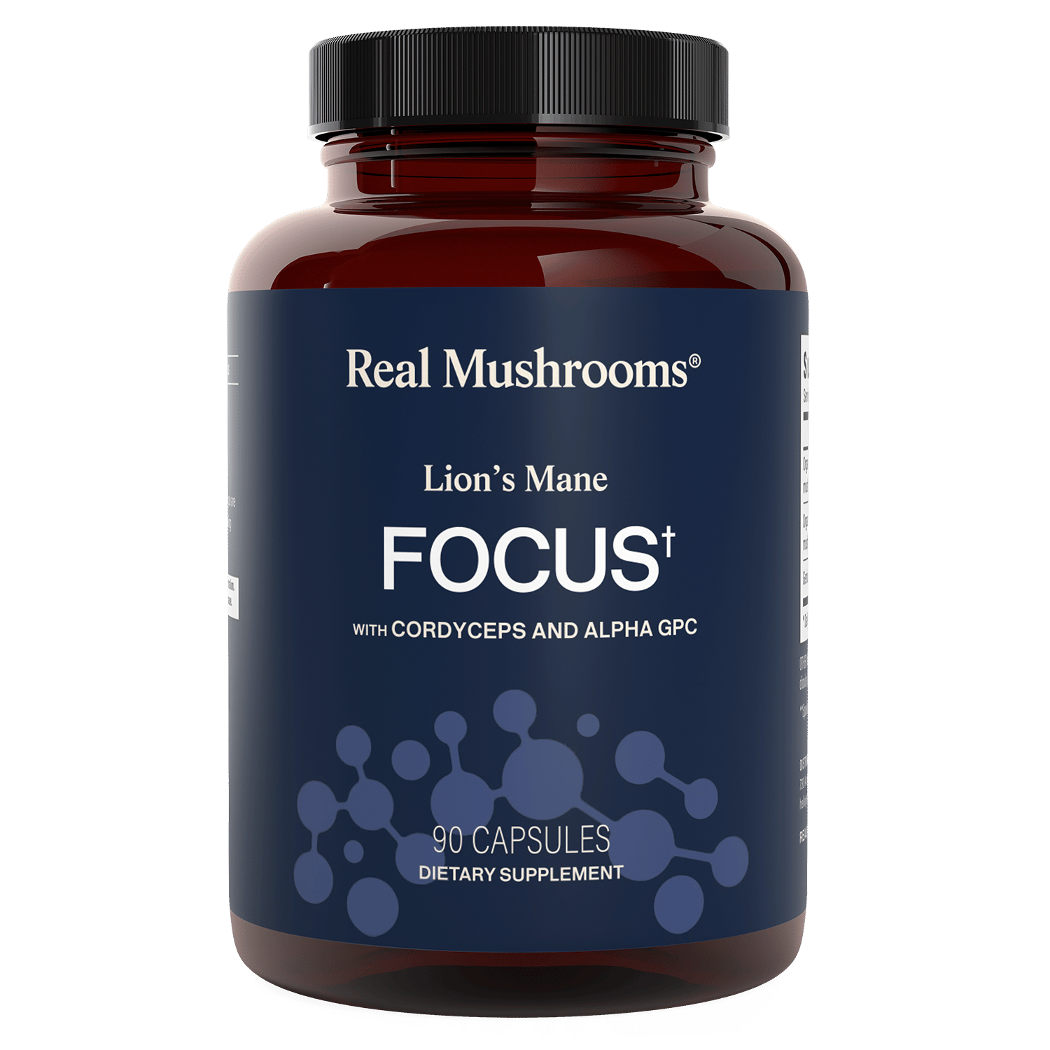 A brown bottle labeled "Real Mushrooms Lion's Mane Focus" contains 90 capsules of Lion’s Mane with cordyceps and Alpha-GPC, designed as a dietary supplement to support cognitive function.