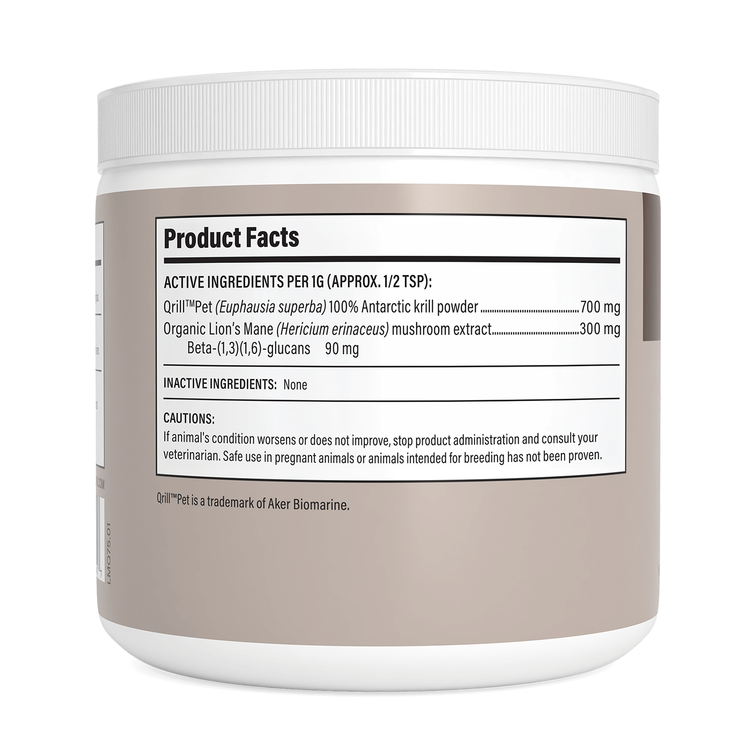 A white Lion's Mane with Qrill™Pet supplement container from Real Mushrooms shows a label with krill pet powder, organic Lion’s Mane mushroom extract, and beta-glucans, plus product facts and cautions for pet cognitive support.