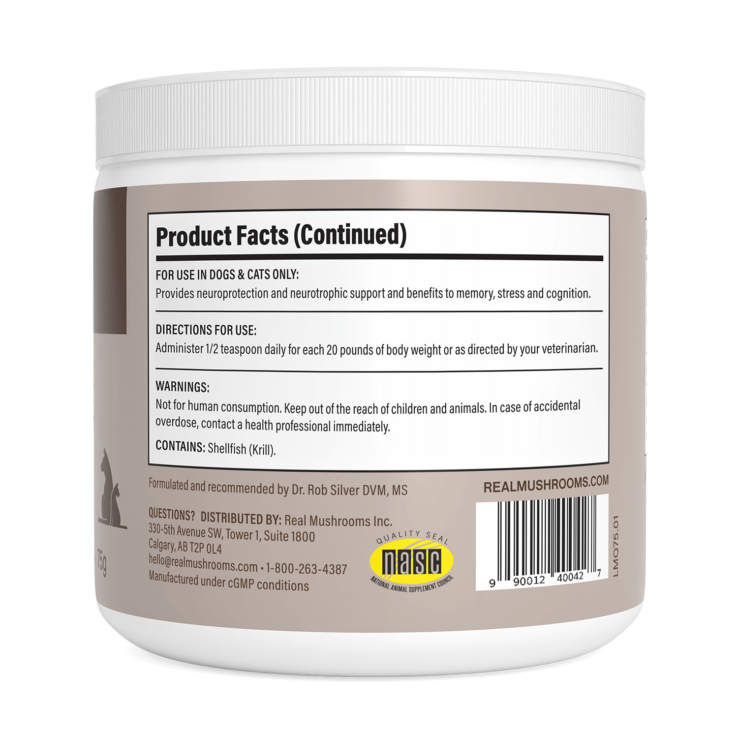 Back label of Real Mushrooms Lion's Mane with Qrill™Pet supplement container showing product facts, usage directions, warnings, ingredients for cognitive support in pets, distributor info, and barcode.
