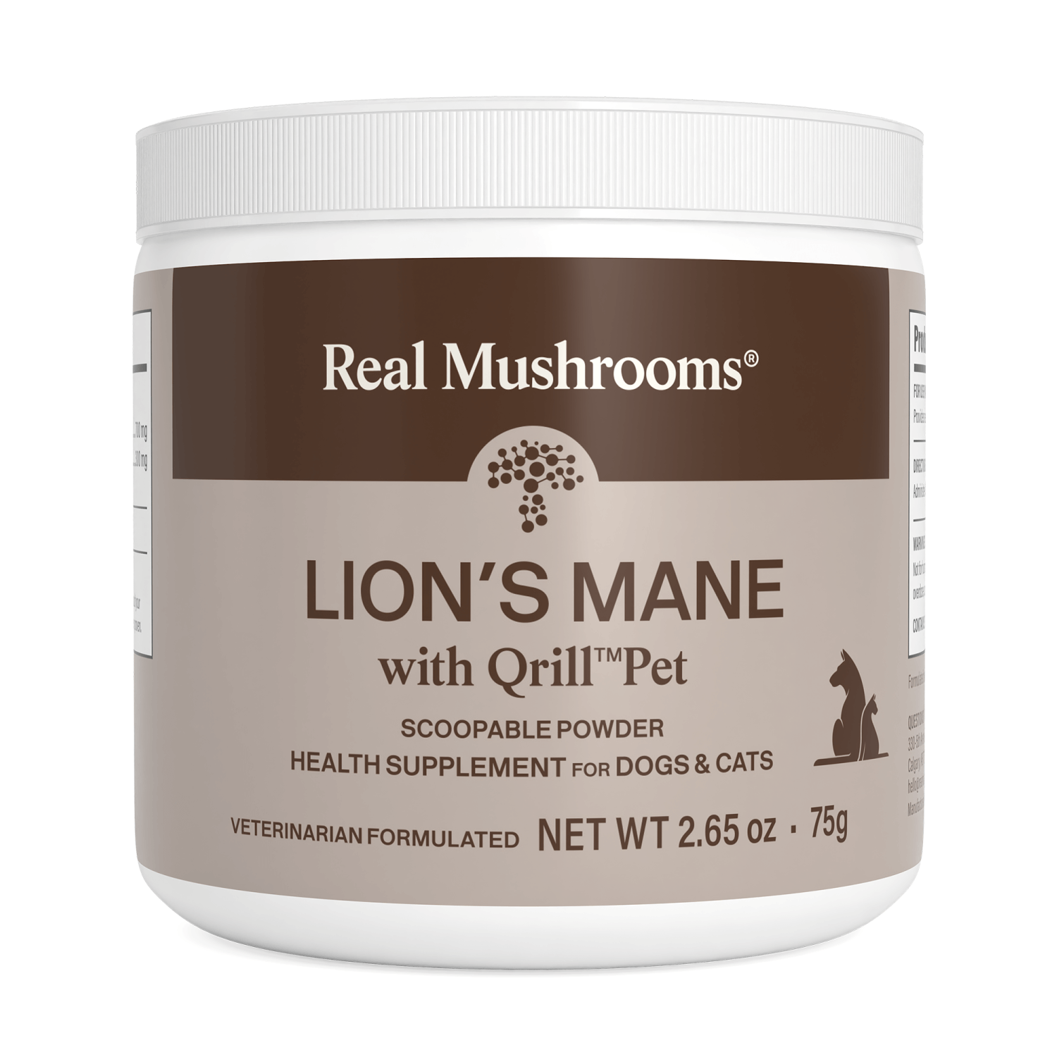Real Mushrooms Lion's Mane with Qrill™Pet is a 2.65 oz (75g) scoopable krill pet powder for dogs and cats, designed to support cognitive health.