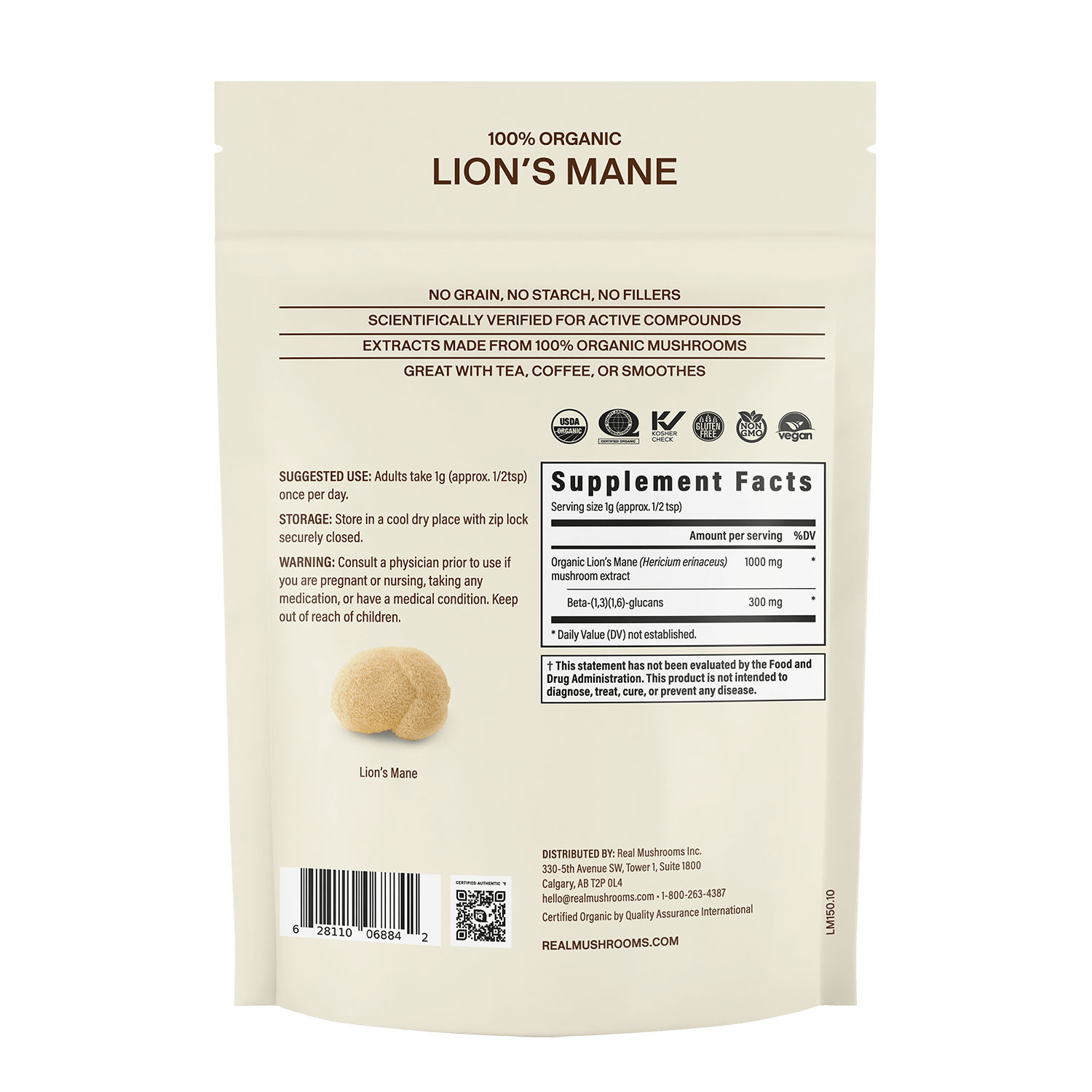 Back of a Real Mushrooms Lion’s Mane Mushroom Powder pouch displaying product info, supplement facts panel, dosage instructions, warnings, and a small image of the mushroom for immune support.