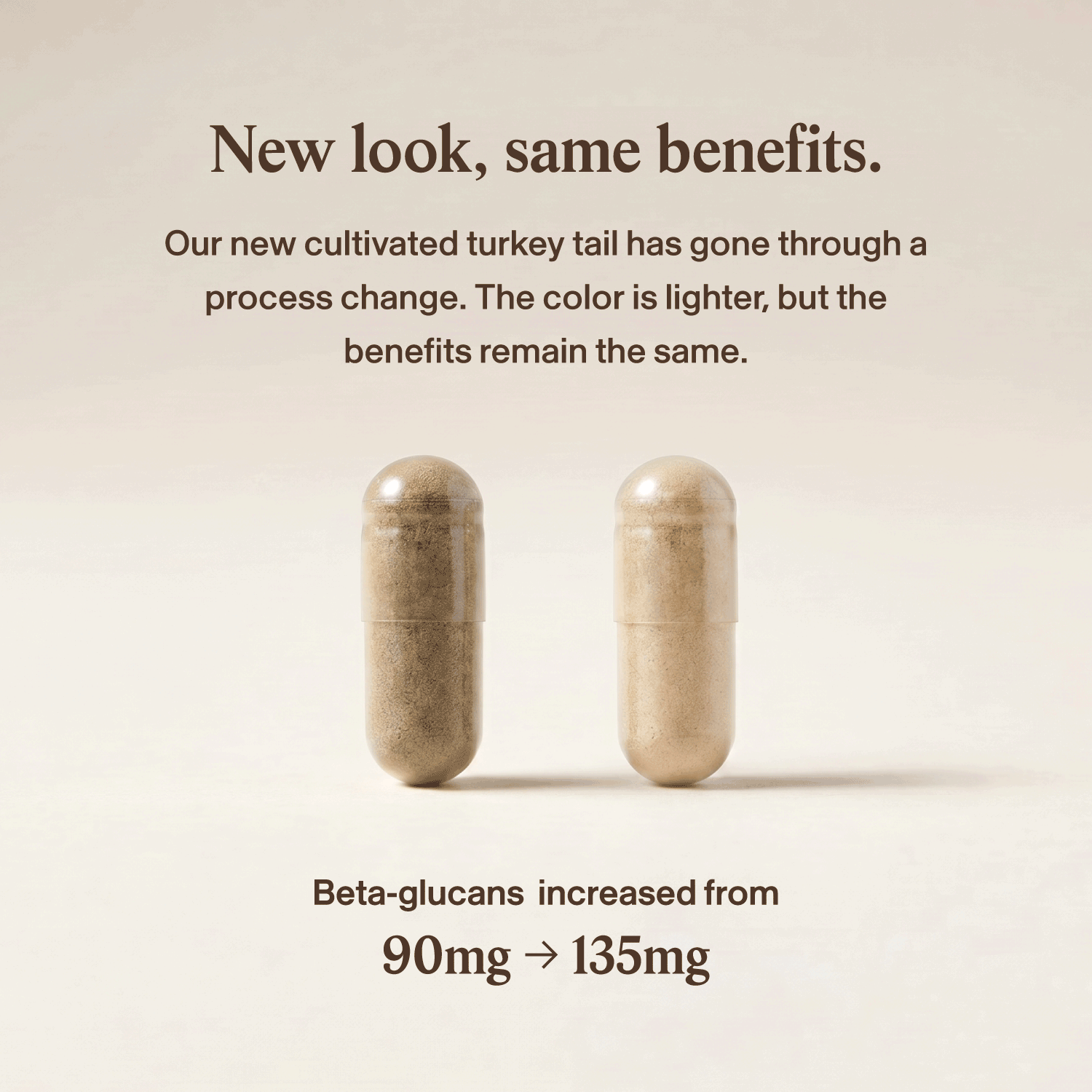 Two Turkey Tail Extract Capsules for Pets by Real Mushrooms, one lighter and one darker, showing a process change that increased organic turkey tail mushroom beta-glucans from 90mg to 135mg per capsule.
