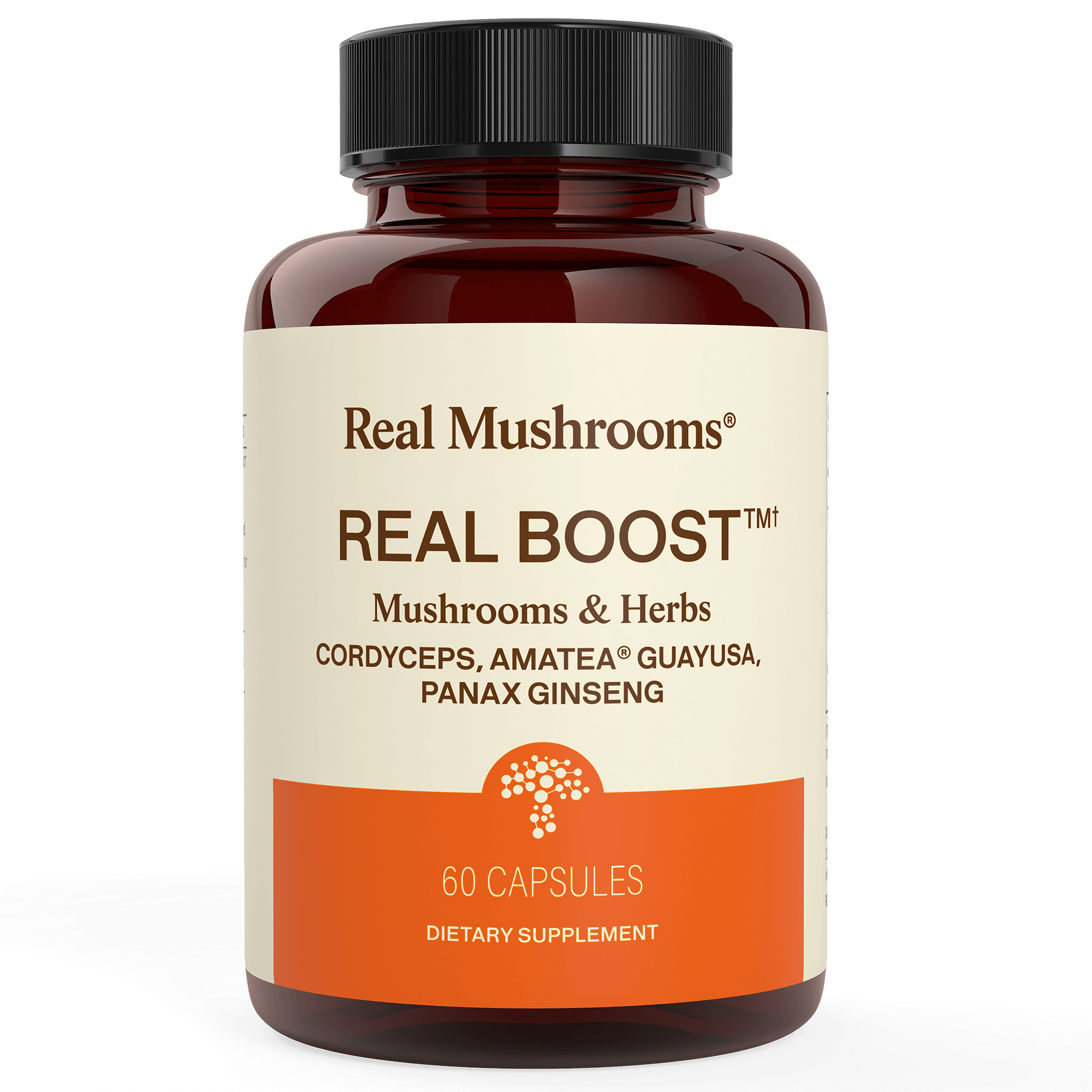 A brown bottle labeled "Real Mushrooms RealBoost - Cordyceps, Guayusa and Ginseng" dietary supplement with 60 capsules, featuring Cordyceps for a natural boost.