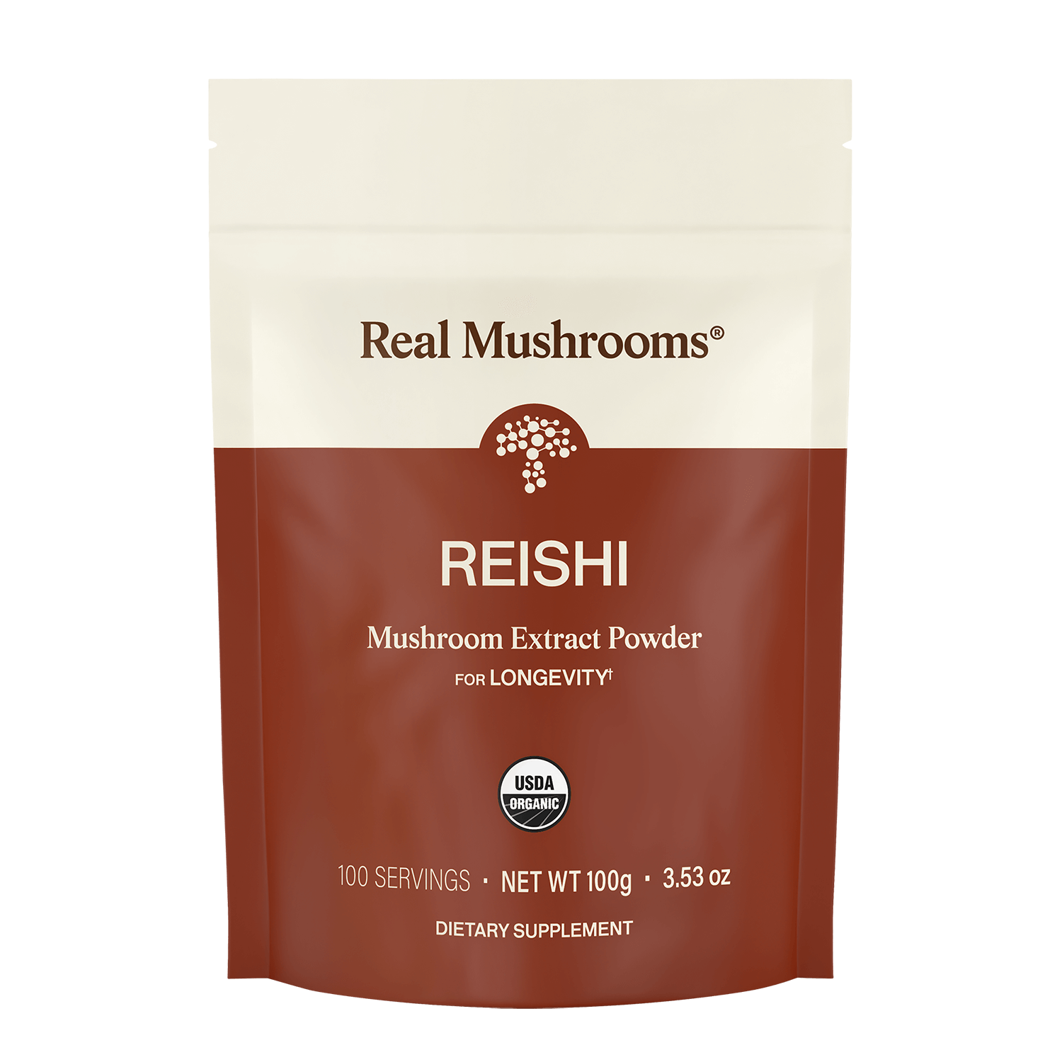 A pouch labeled "Real Mushrooms Organic Reishi Mushroom Powder – Bulk Extract," USDA Organic, contains 100 servings (net weight 100g/3.53 oz) of an organic Reishi dietary supplement with beta-glucans.