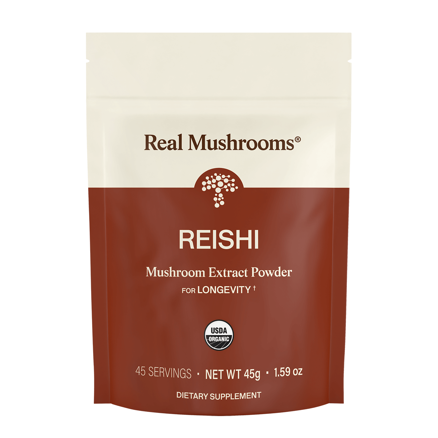 A 45g package of Real Mushrooms Organic Reishi Mushroom Powder – Bulk Extract offers 45 servings of USDA organic, beta-glucan-rich Reishi for longevity and dietary support.