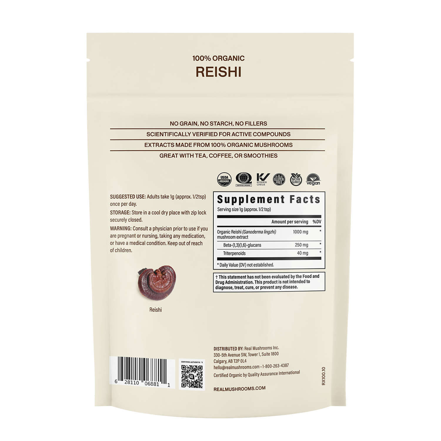 Back of Real Mushrooms' Organic Reishi Mushroom Powder – Bulk Extract pouch displaying product details, supplement facts, suggested use, beta-glucans among ingredients, warnings, and a small reishi mushroom image.